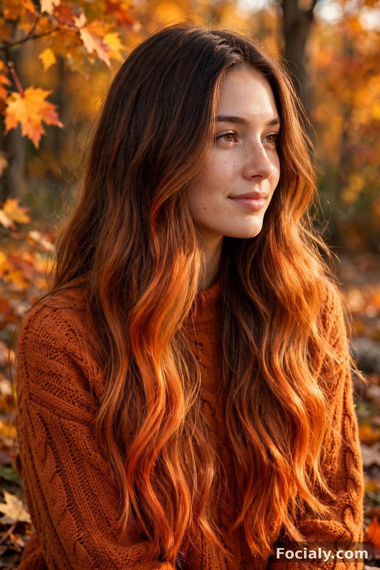 Pumpkin spice ombre hair from brown roots to copper ends