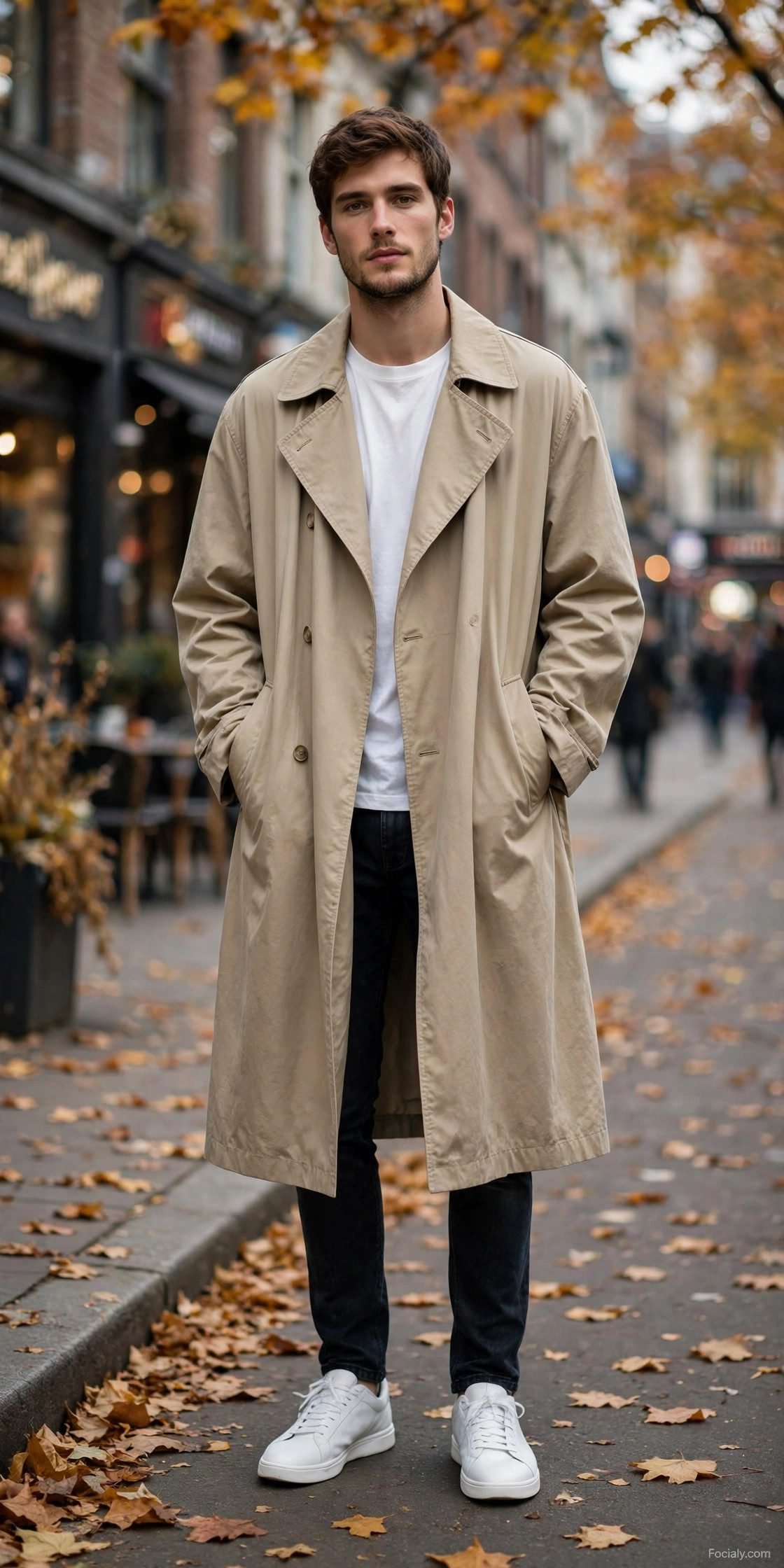 Man in oversized beige trench coat with white t-shirt and sneakers