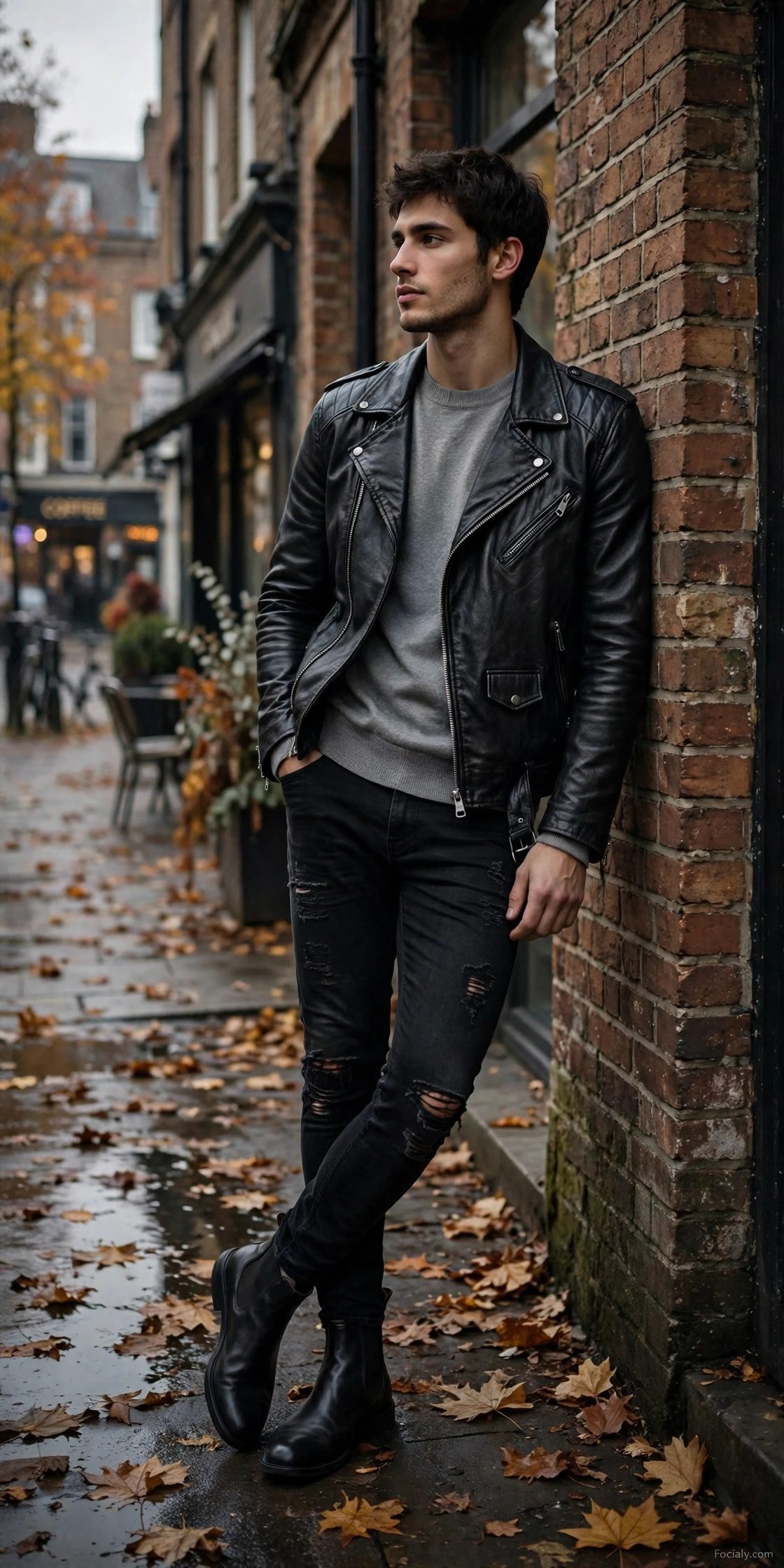 Man in black leather biker jacket with ripped black jeans