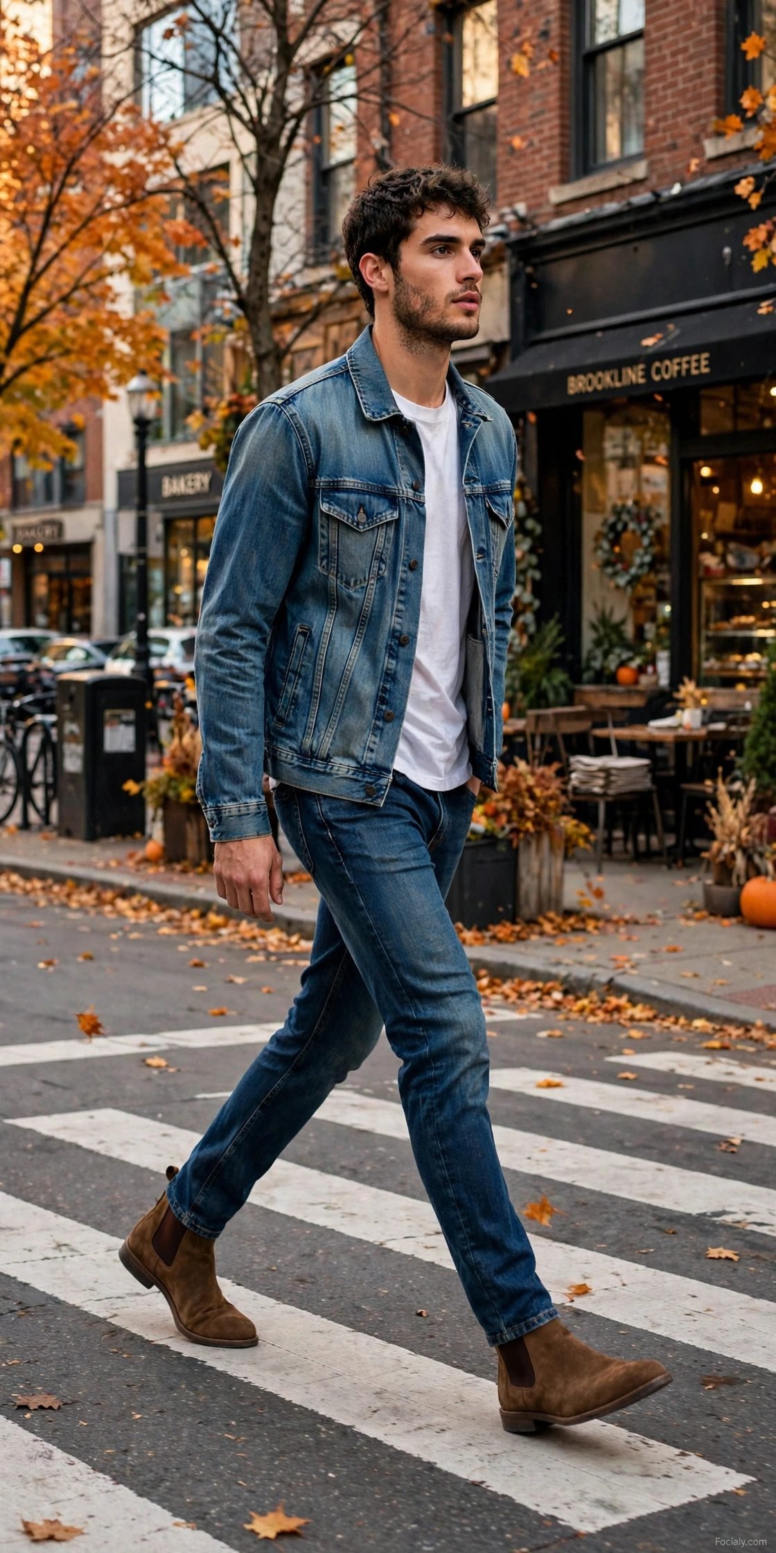 Man in double denim jacket and jeans street style outfit