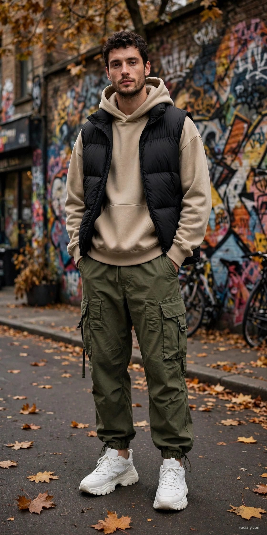 Man in olive cargo pants with black puffer vest and hoodie