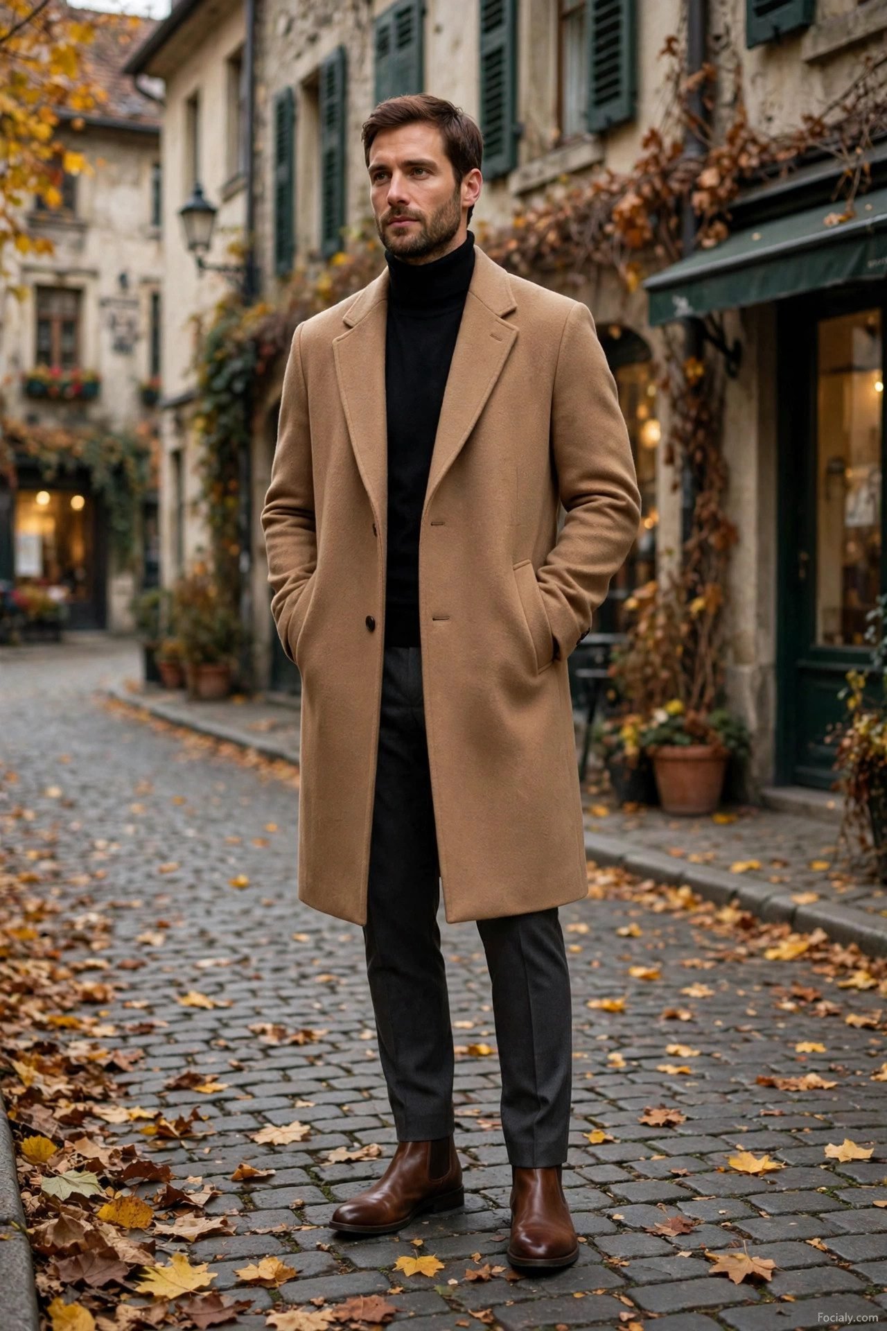 Man in camel overcoat with black turtleneck and tailored trousers