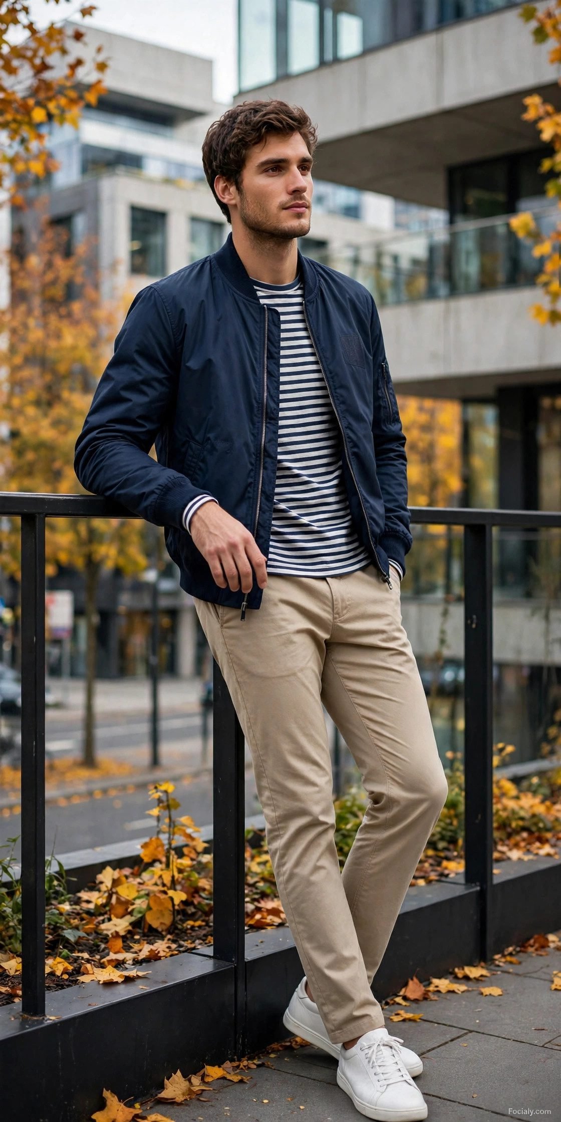 Man in navy bomber jacket with striped shirt and chinos