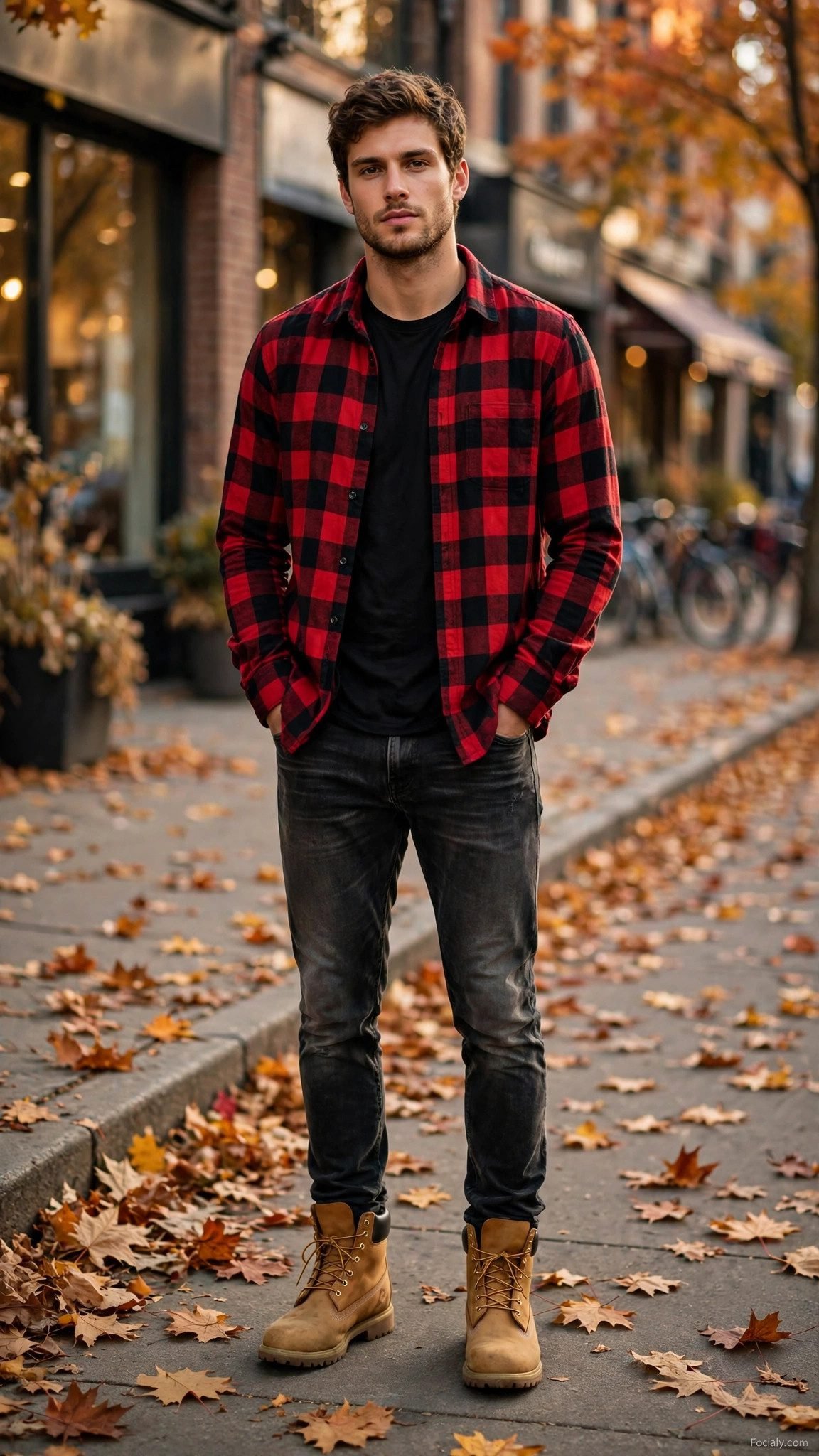 Man in red buffalo plaid flannel shirt with black jeans