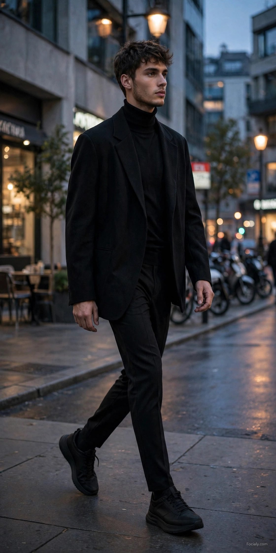Man in all-black monochrome outfit with blazer and turtleneck