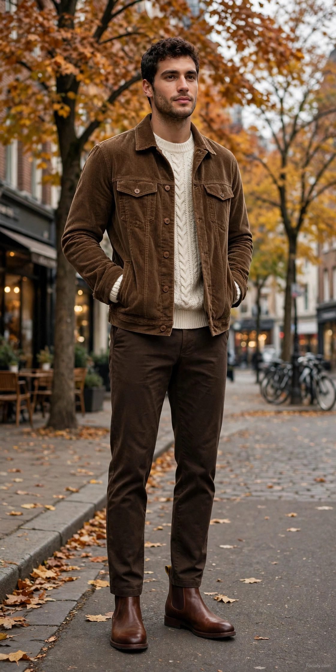 Man in brown corduroy trucker jacket with cream knit sweater