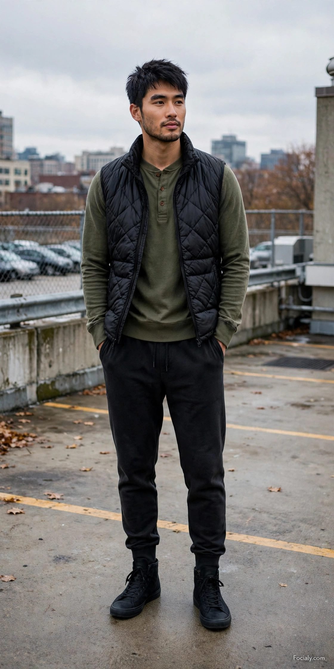 Man in black quilted puffer vest over olive henley