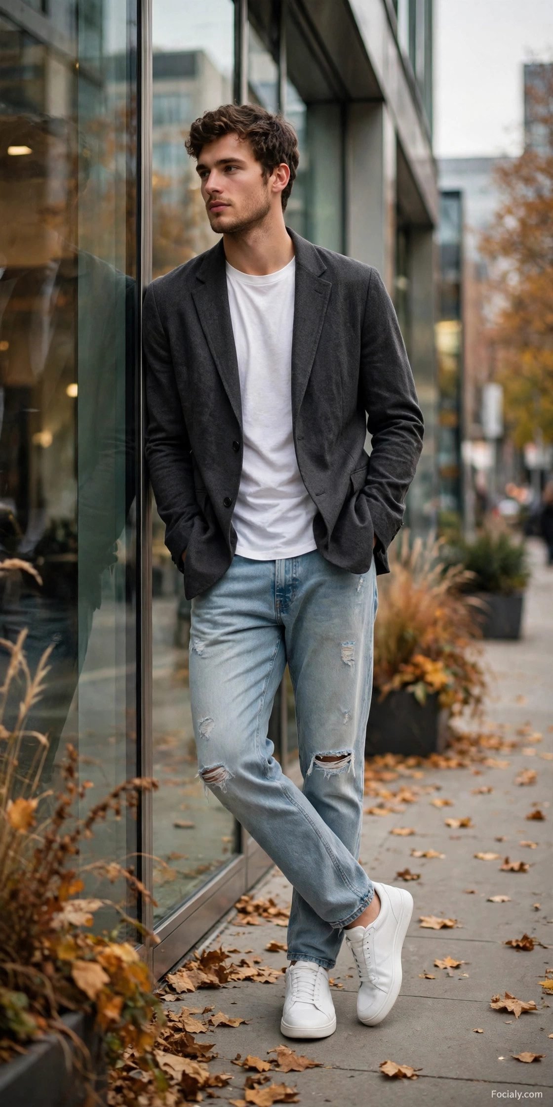 Man in charcoal blazer with white t-shirt and ripped jeans