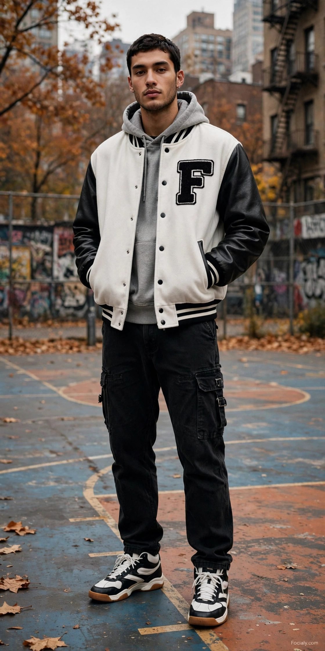 Man in black and white varsity jacket with grey hoodie