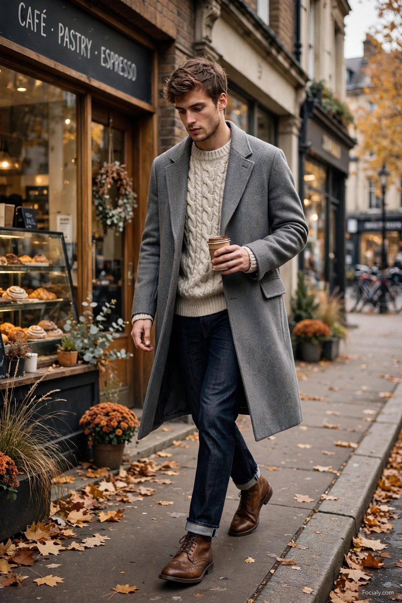 Man in cable-knit sweater with grey wool overcoat