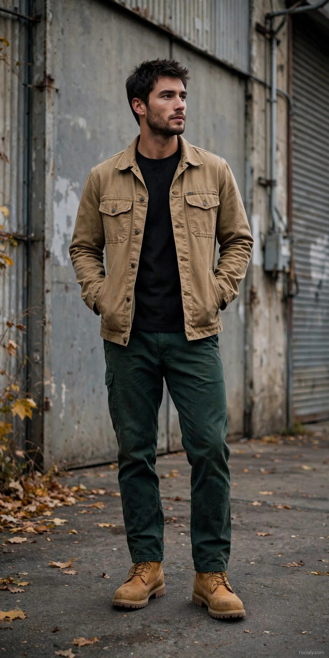 Man in tan canvas utility jacket with dark green pants