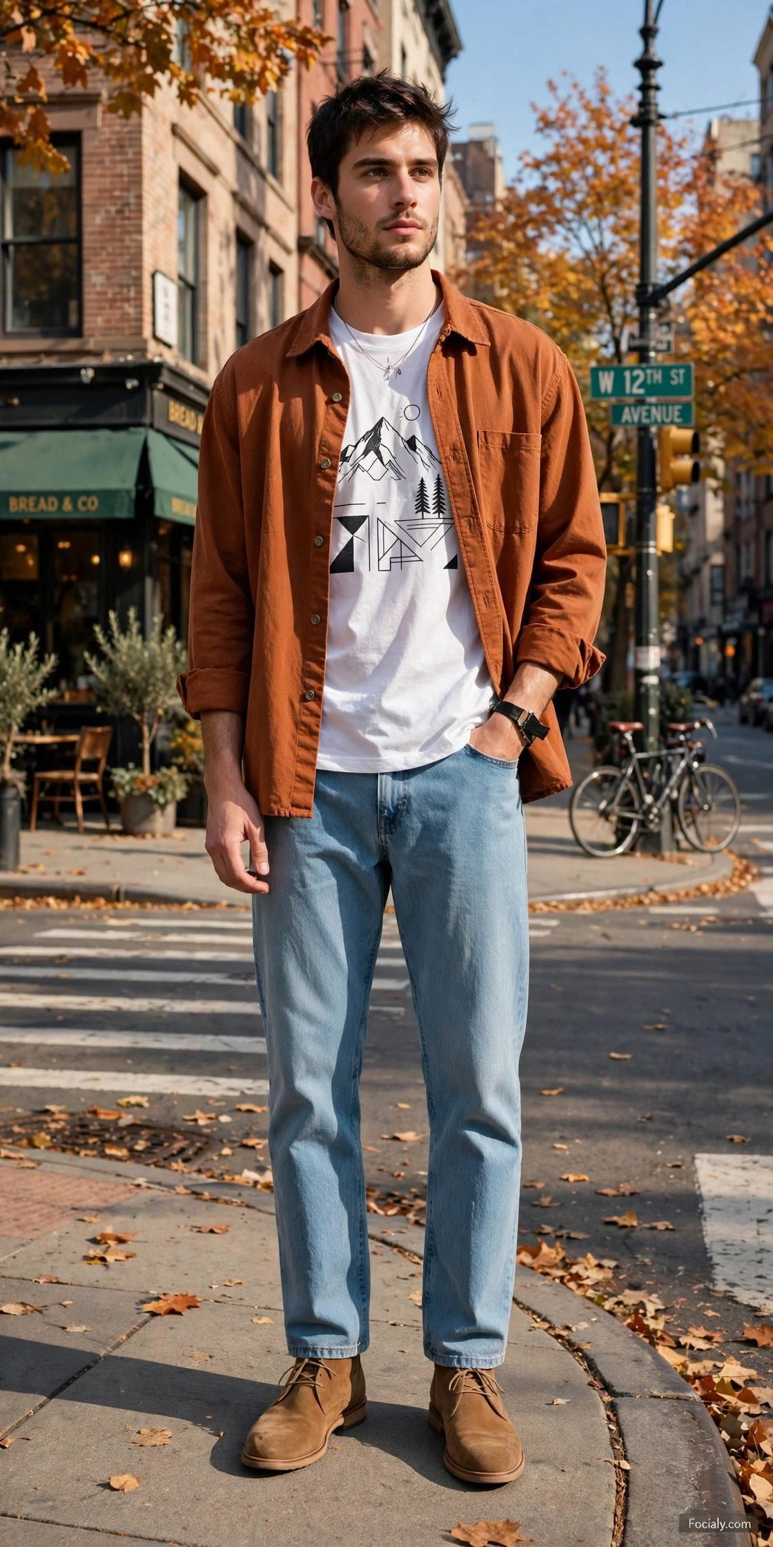 Man in rust overshirt over graphic tee with light jeans