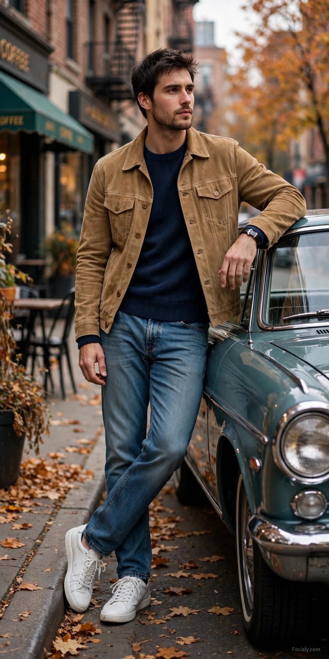Man in tan suede trucker jacket with navy sweater