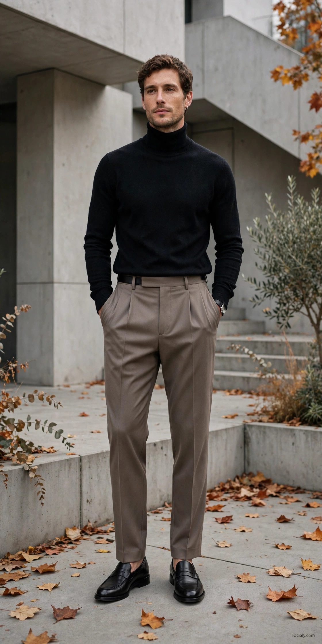 Man in black turtleneck with taupe tailored trousers