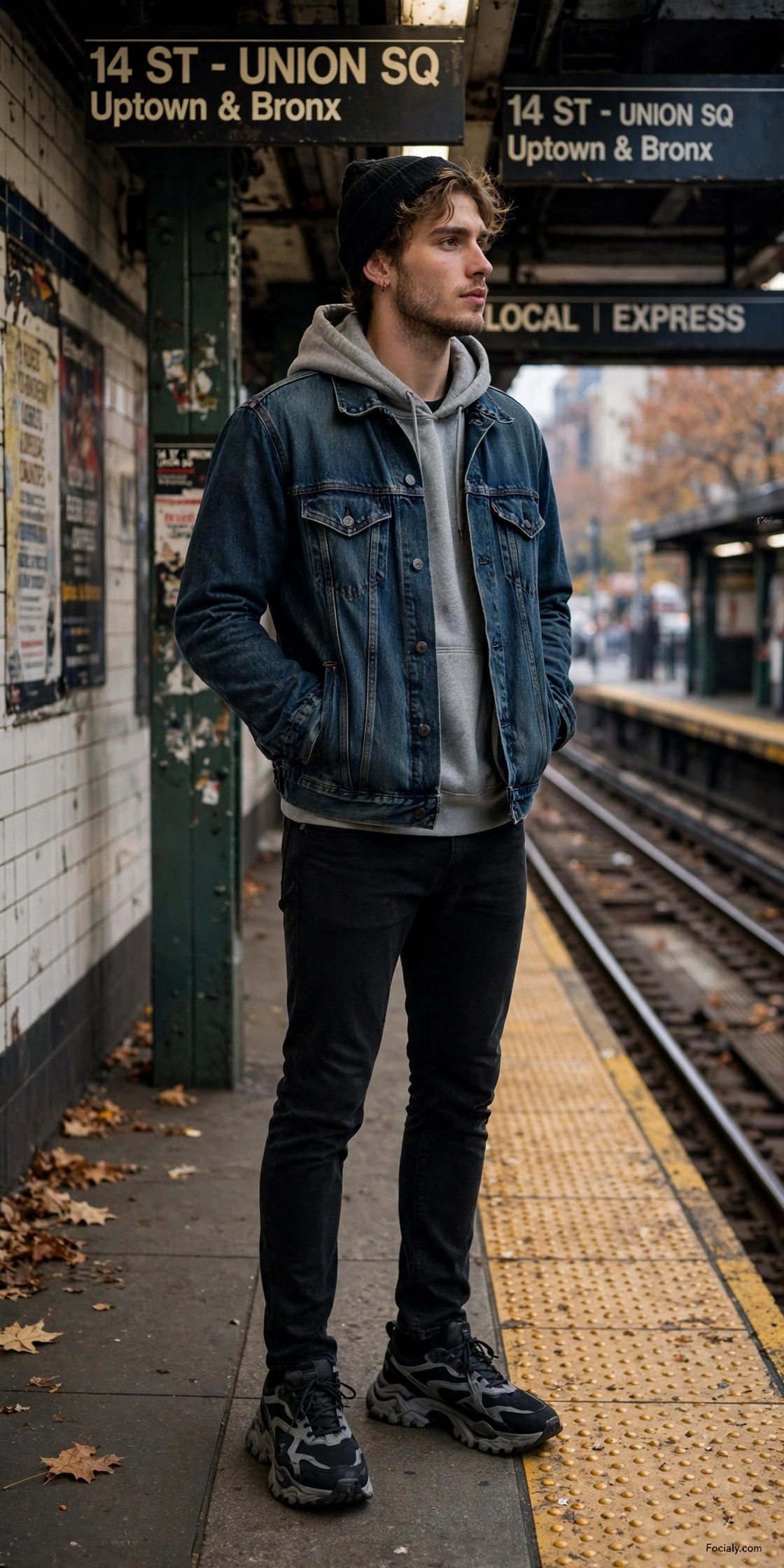 Man in denim jacket layered over grey hoodie
