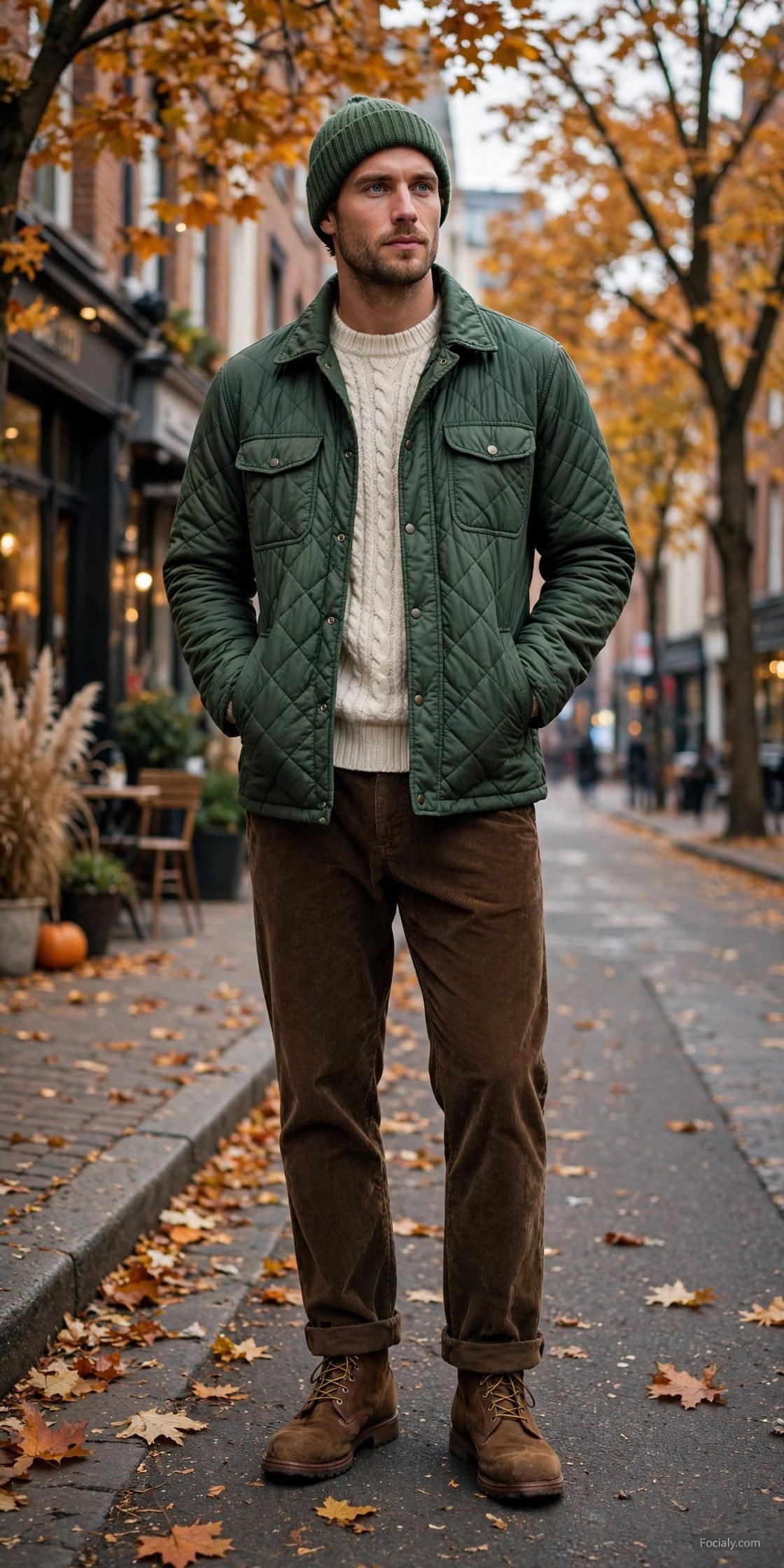 Man in green quilted field jacket with knit beanie