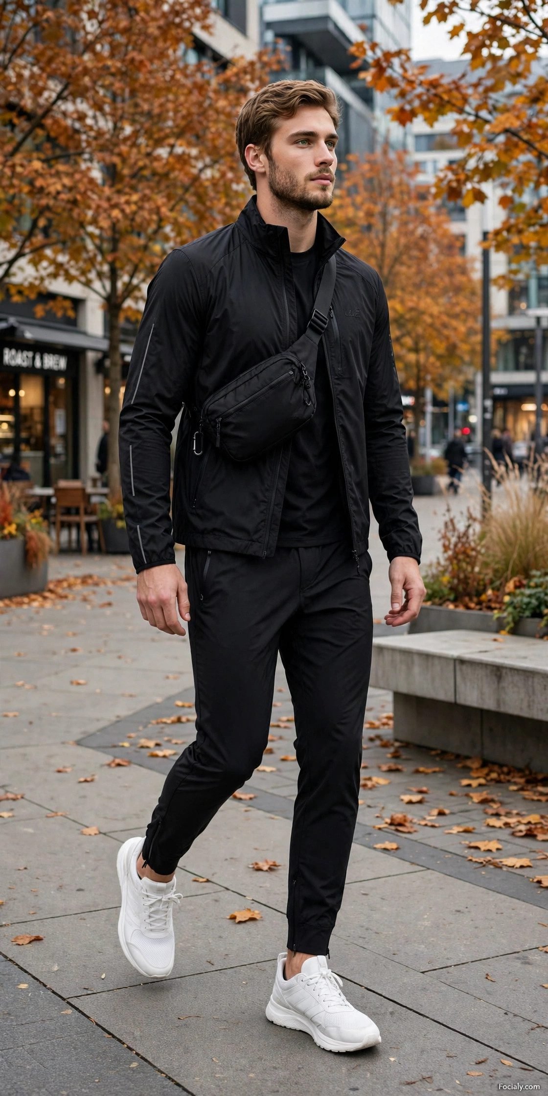 Man in black athleisure track set with white sneakers