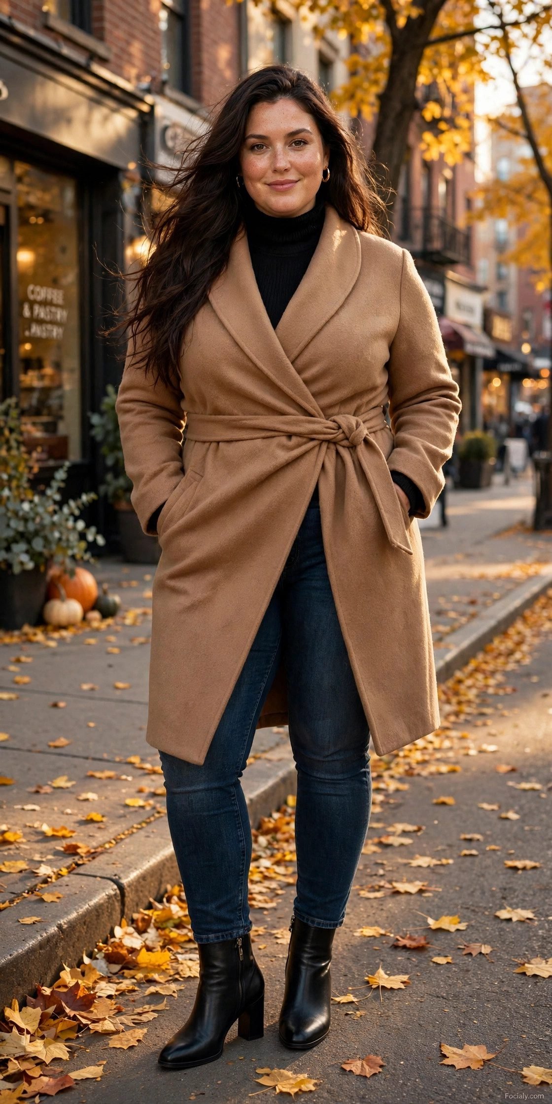 Plus size woman in a camel wrap coat, black turtleneck and dark jeans on an autumn sidewalk