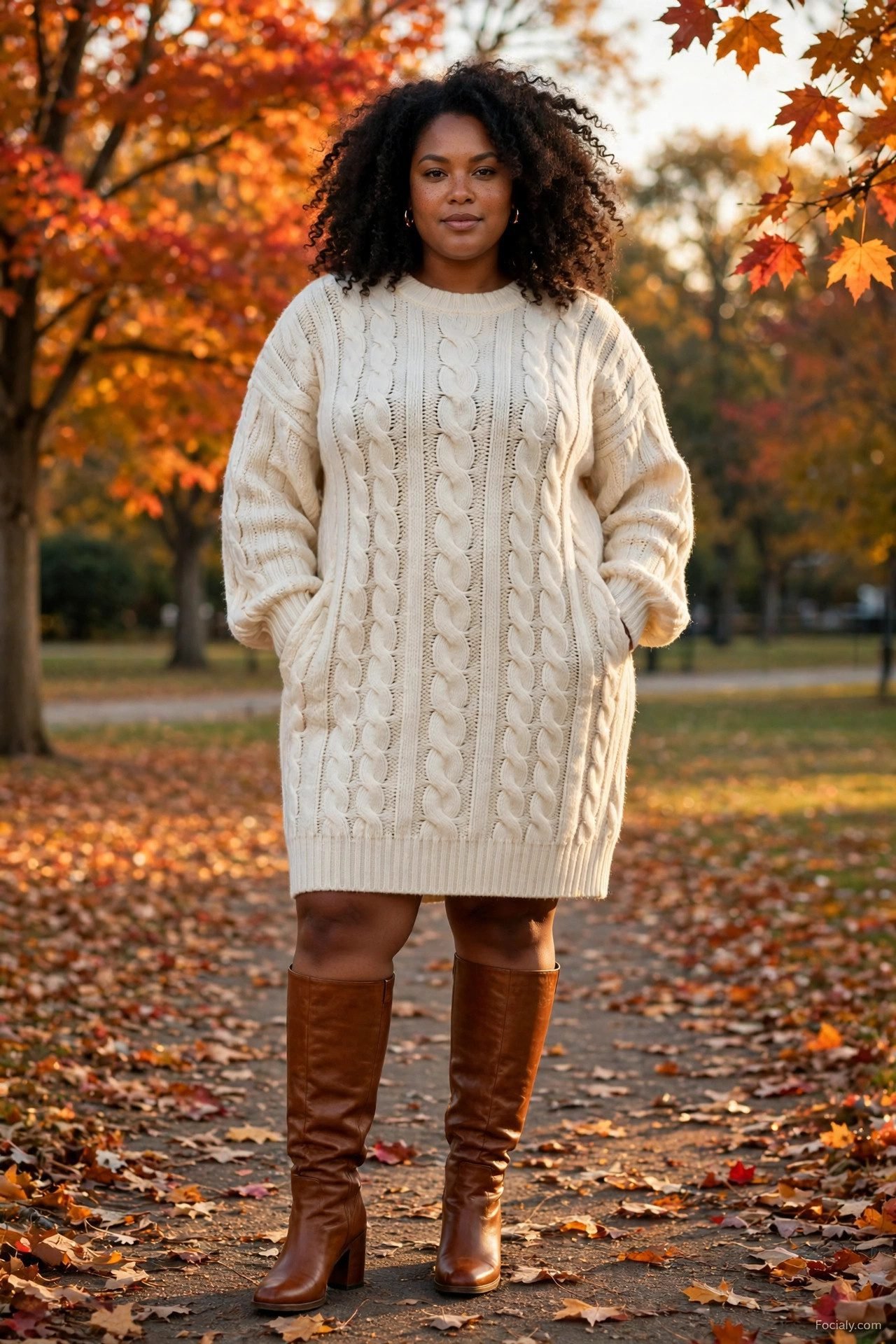 Plus size woman in a cream cable-knit sweater dress with cognac knee-high boots in a fall park