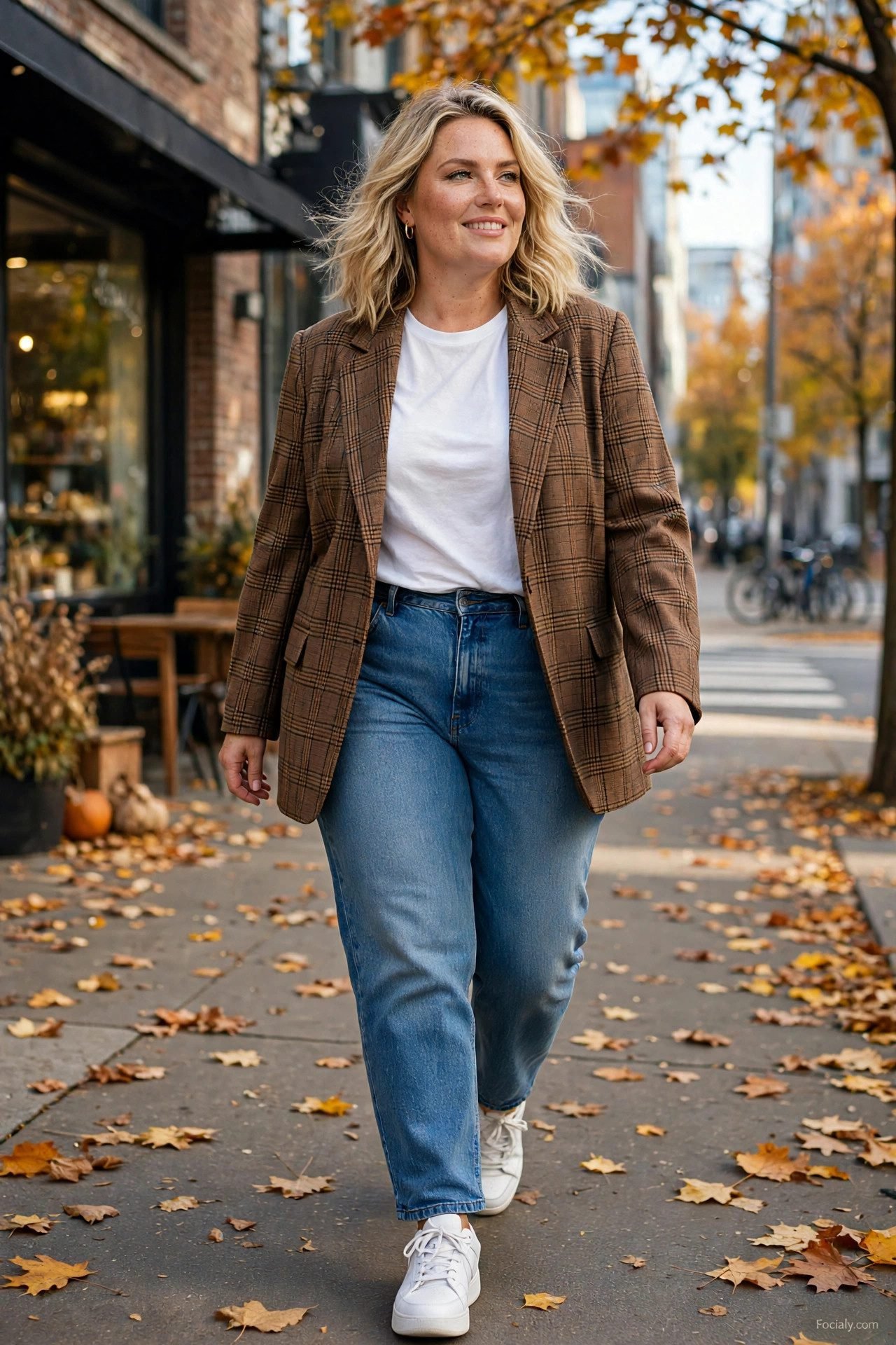 Plus size woman in a brown plaid blazer, white t-shirt and mom jeans on an urban street