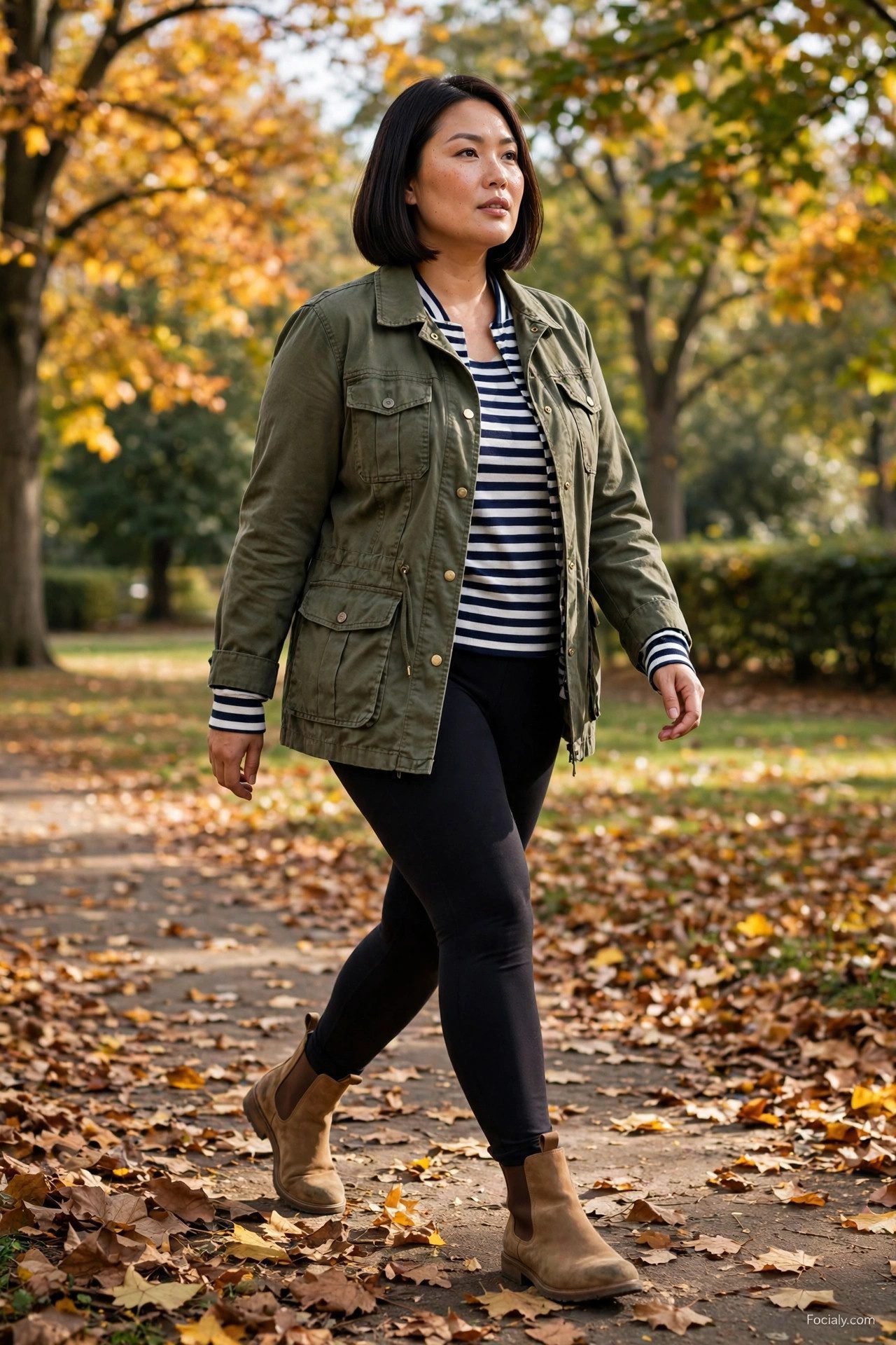 Plus size woman in an olive utility jacket, striped top and black leggings on an autumn park path
