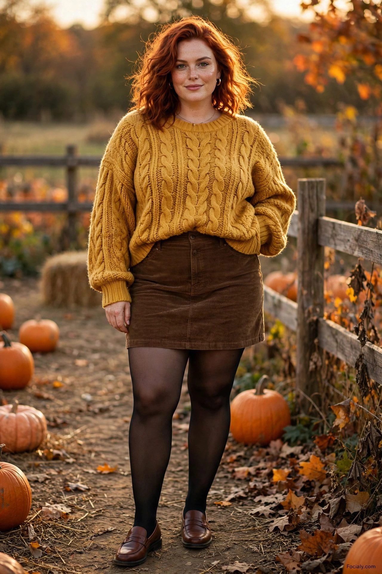 Plus size woman in a mustard knit sweater, brown corduroy mini skirt and tights by a pumpkin patch