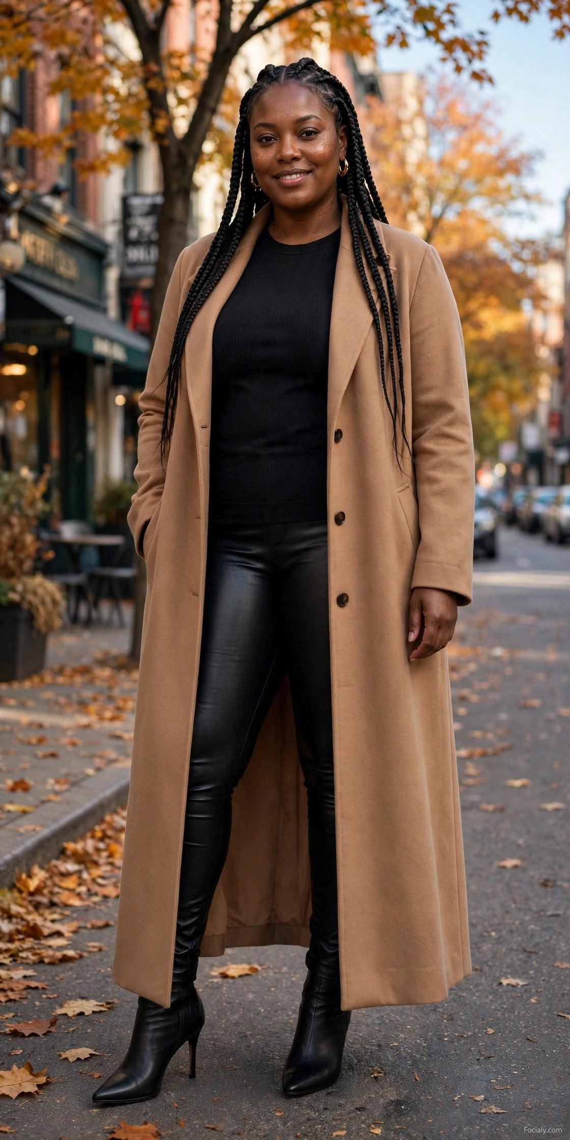 Plus size woman in black faux-leather leggings and a long camel duster coat on a city street