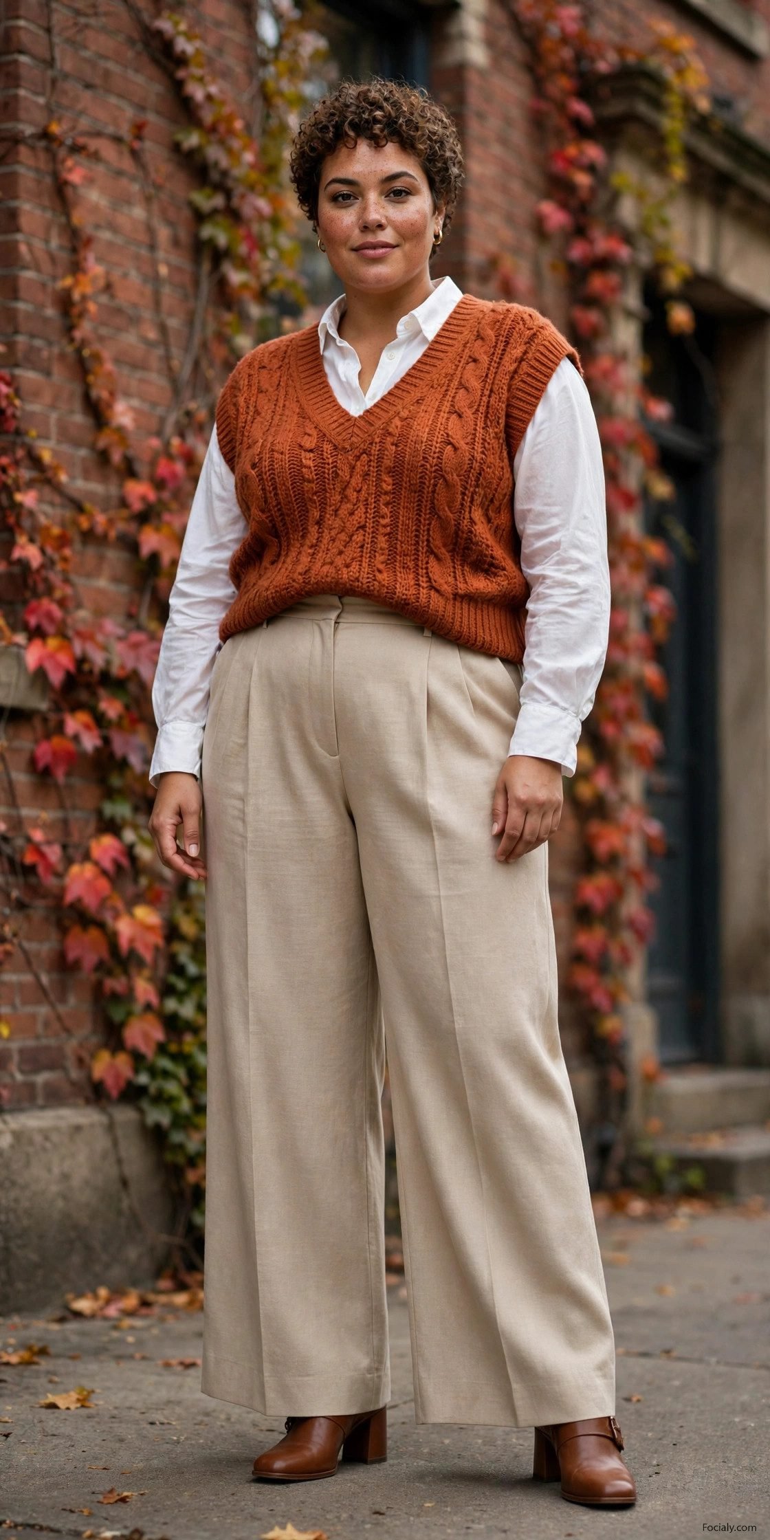 Plus size woman in a rust knit sweater vest over a white button-down shirt with wide-leg trousers