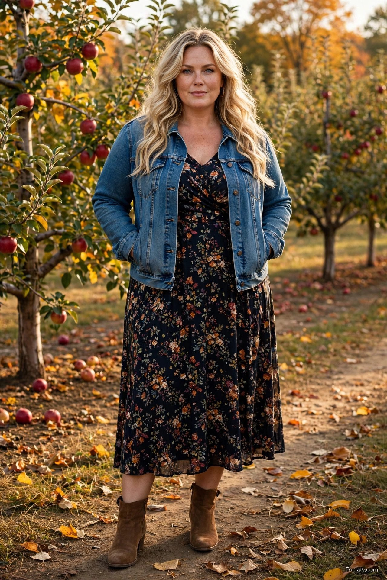 Plus size woman in a denim jacket over a dark floral midi dress in an apple orchard
