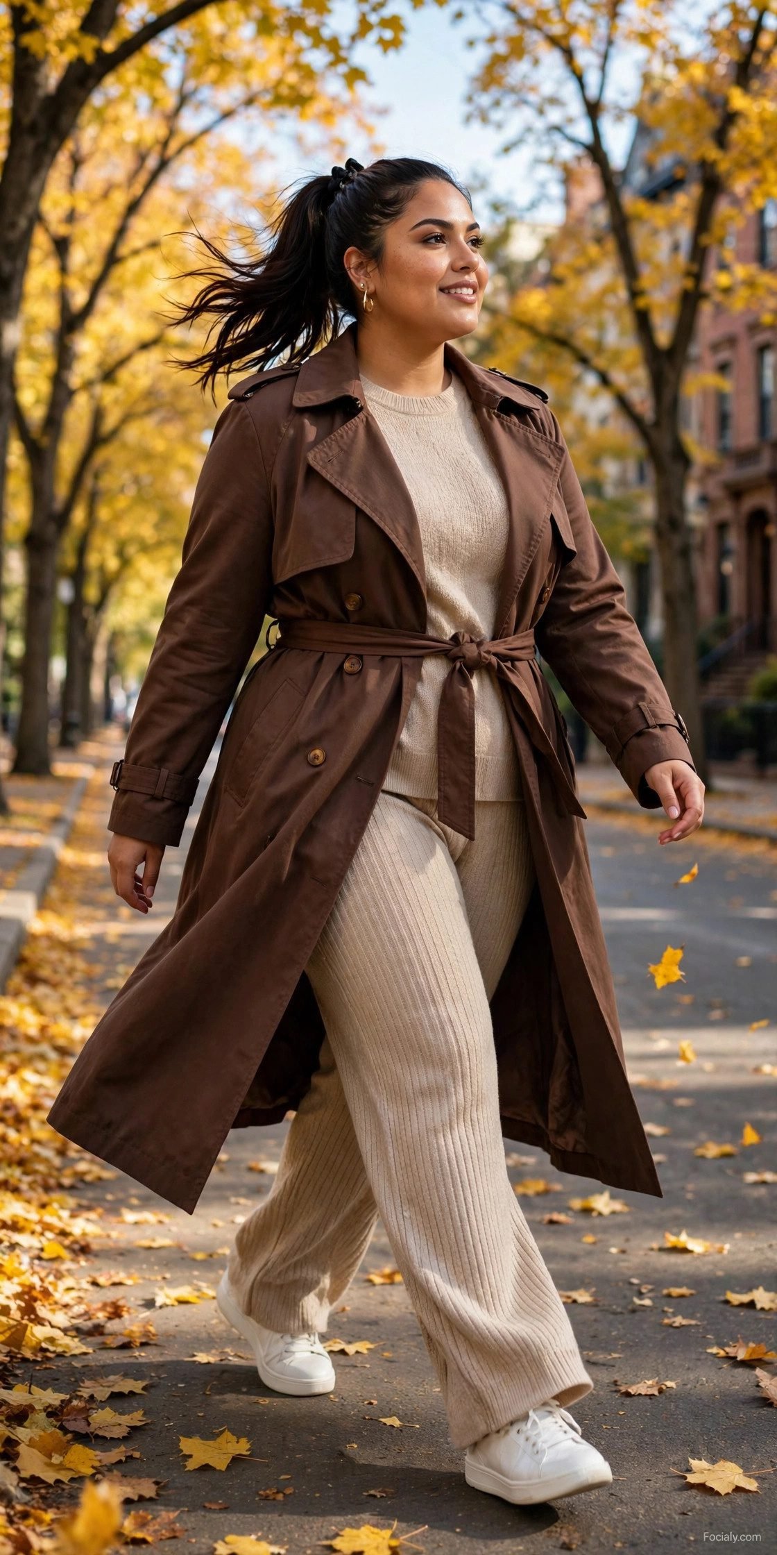 Plus size woman in a chocolate brown trench coat over a beige knit matching set