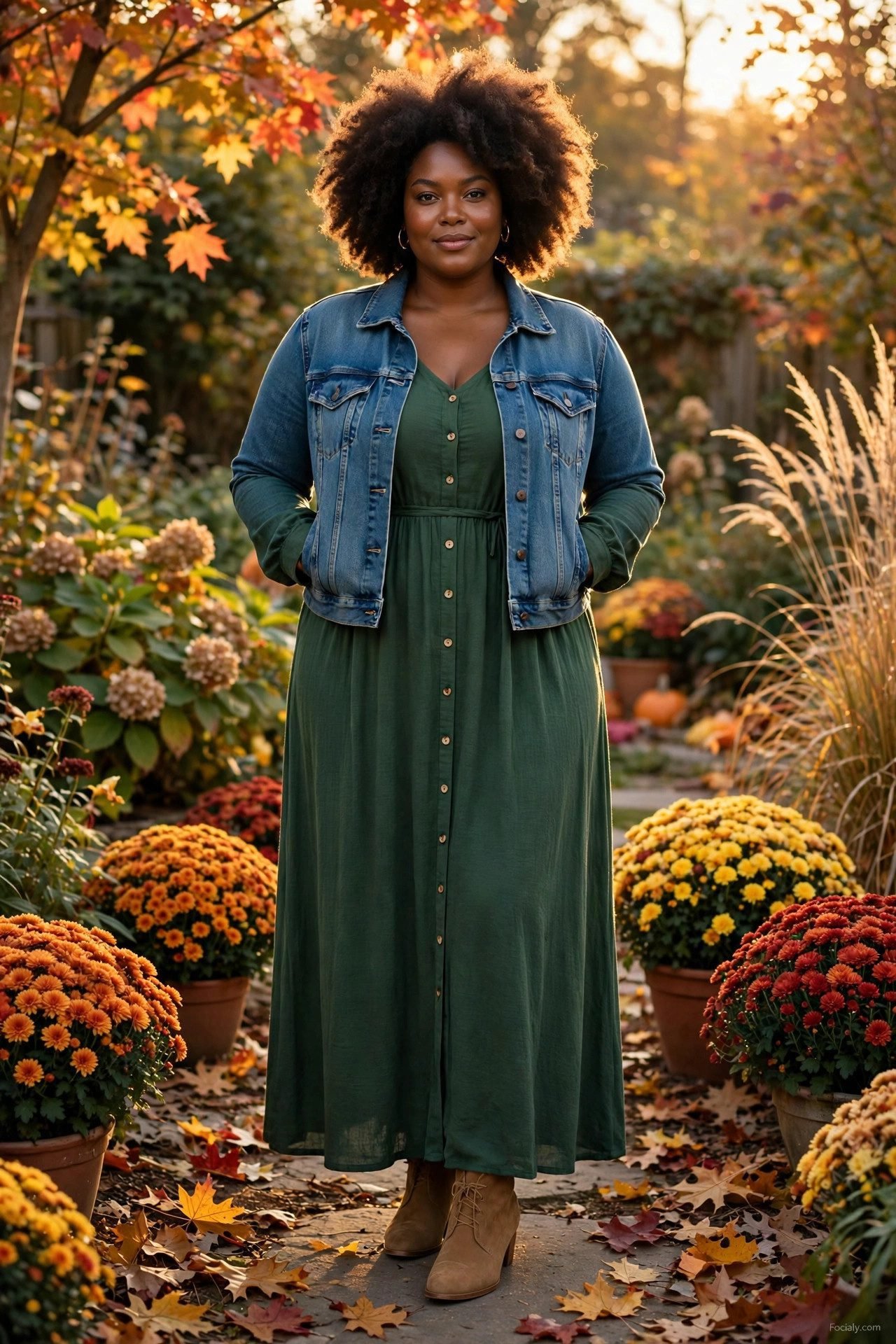 Plus size woman in a forest green maxi dress with a cropped denim jacket in an autumn garden