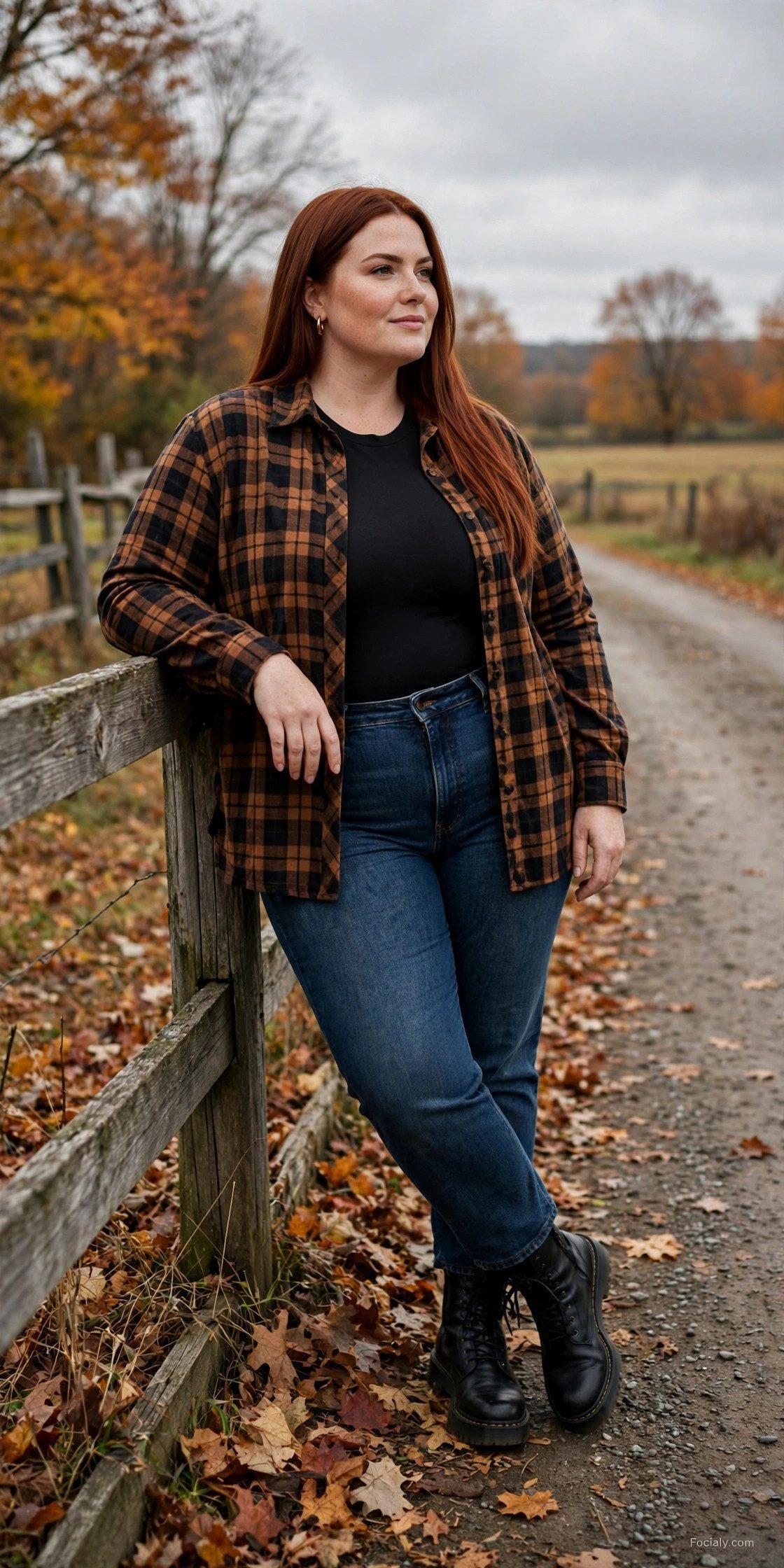 Plus size woman in a tortoiseshell plaid shacket over a black bodysuit with jeans