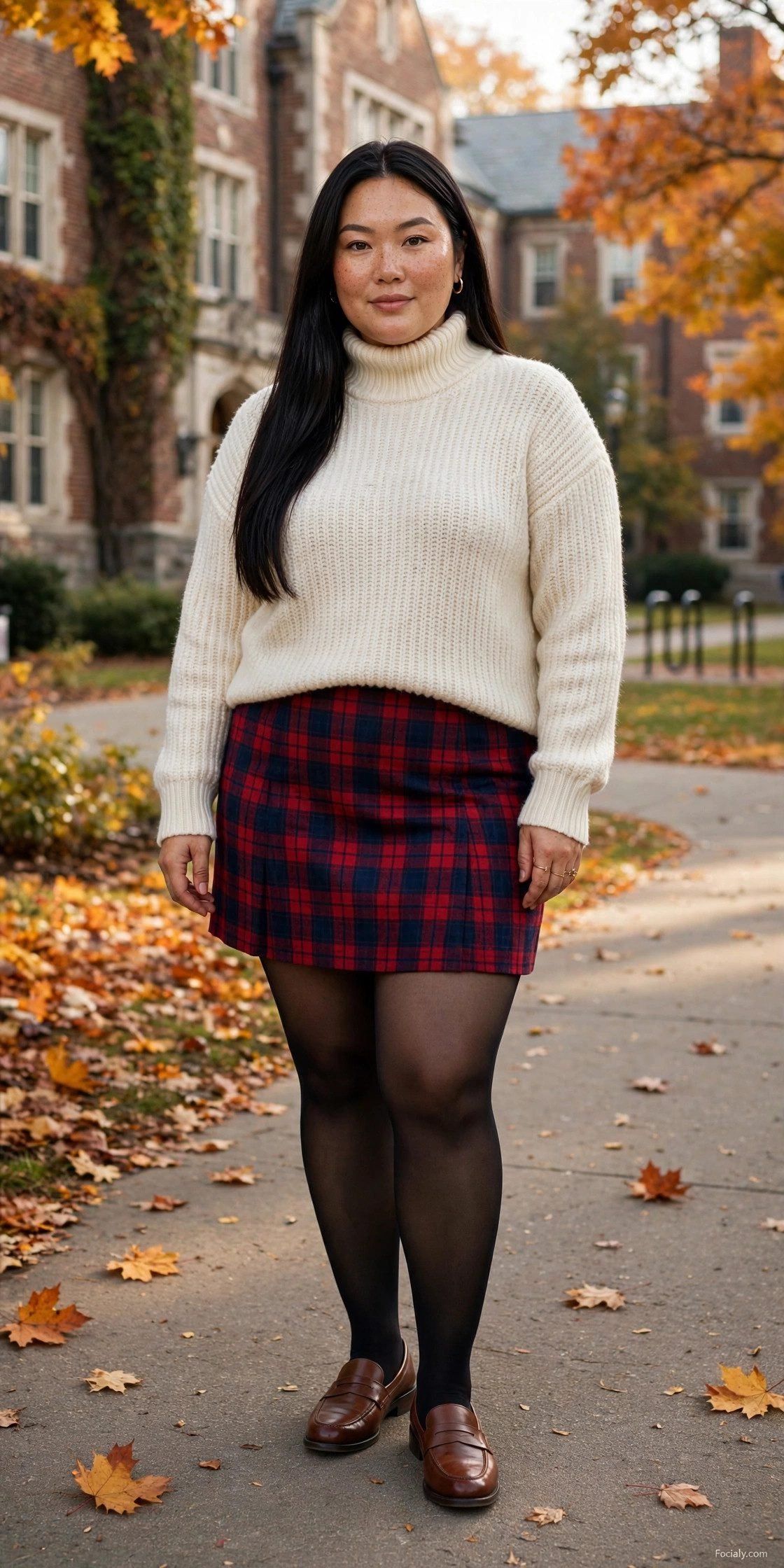 Plus size woman in a cream turtleneck sweater, plaid mini skirt, tights and loafers