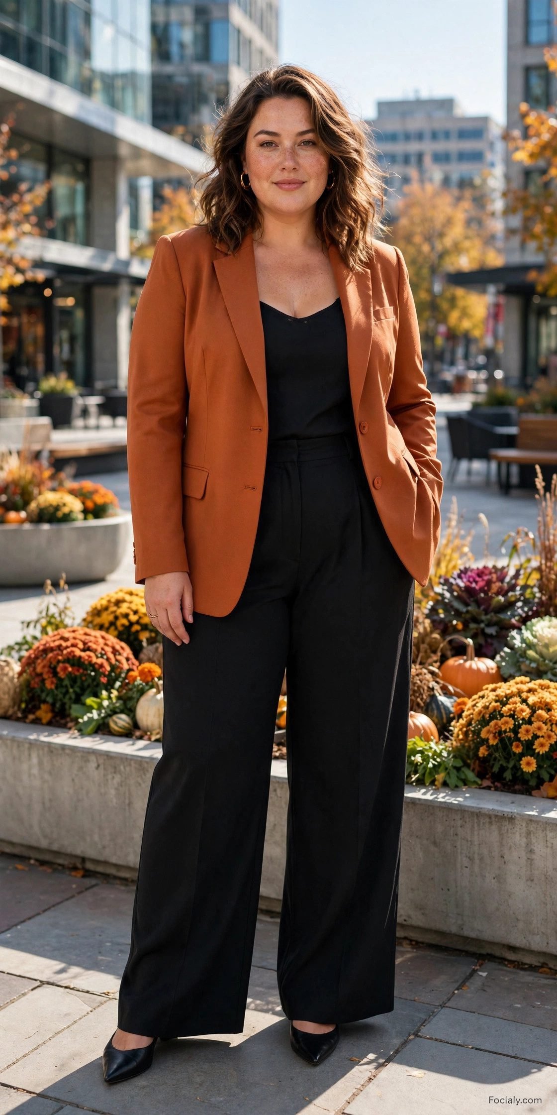 Plus size woman in a burnt orange blazer with a black camisole and wide-leg trousers