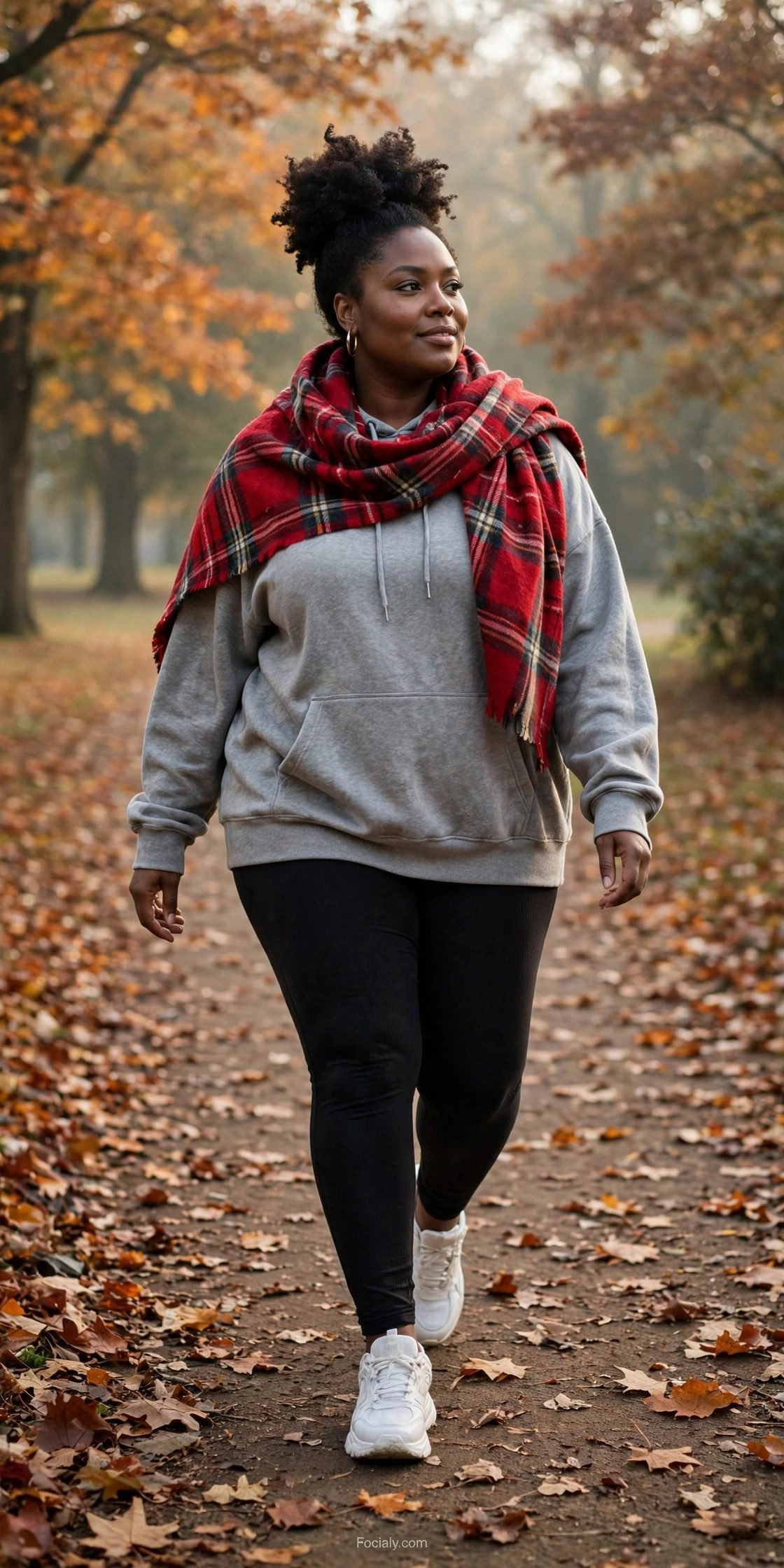 Plus size woman in a gray oversized hoodie, plaid blanket scarf and leggings on a fall trail