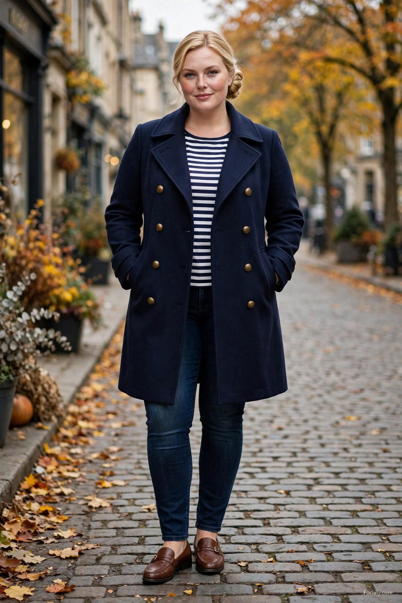 Plus size woman in a navy peacoat over a striped Breton top with dark jeans