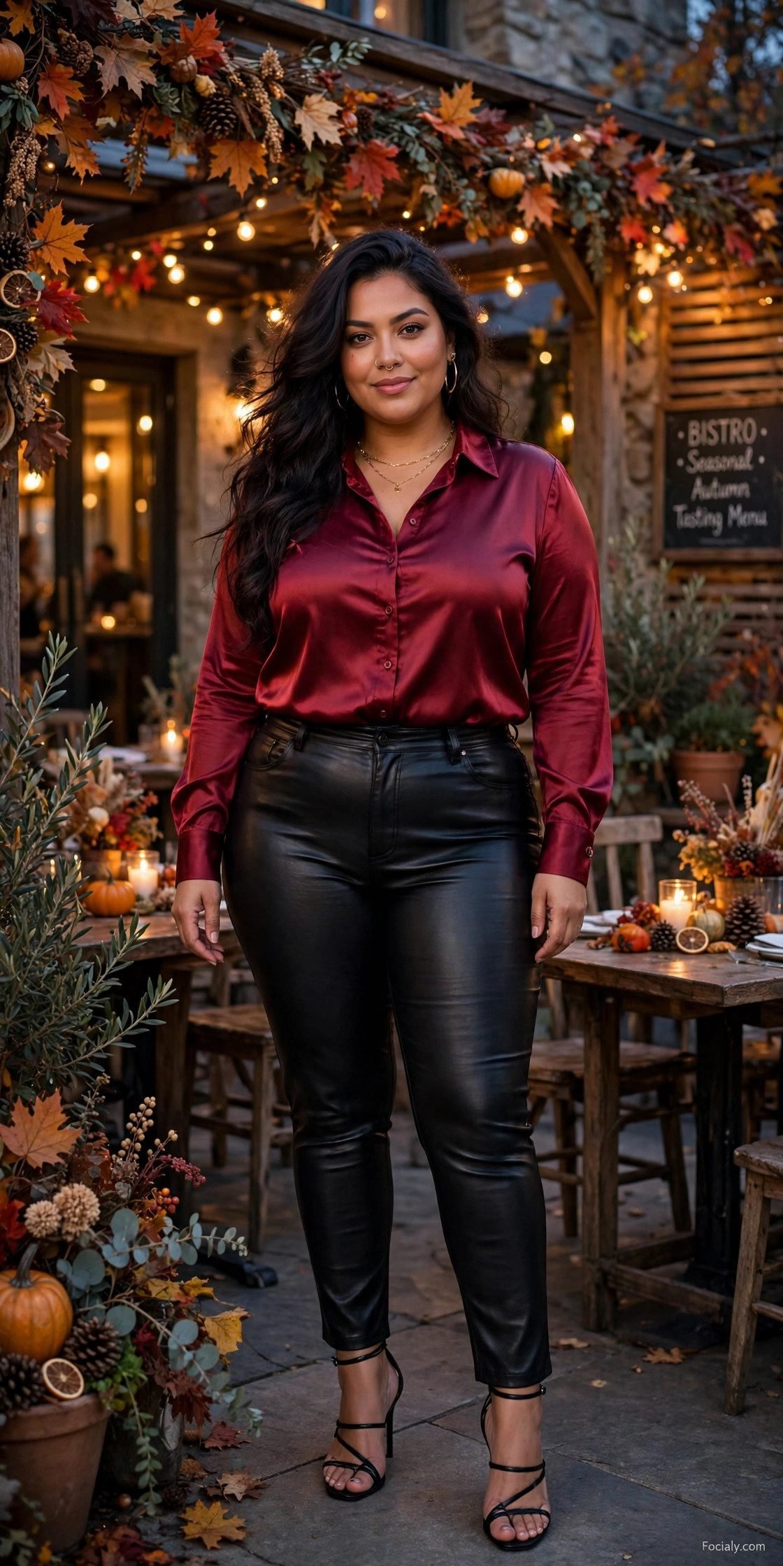 Plus size woman in a wine-colored satin blouse with black faux-leather pants