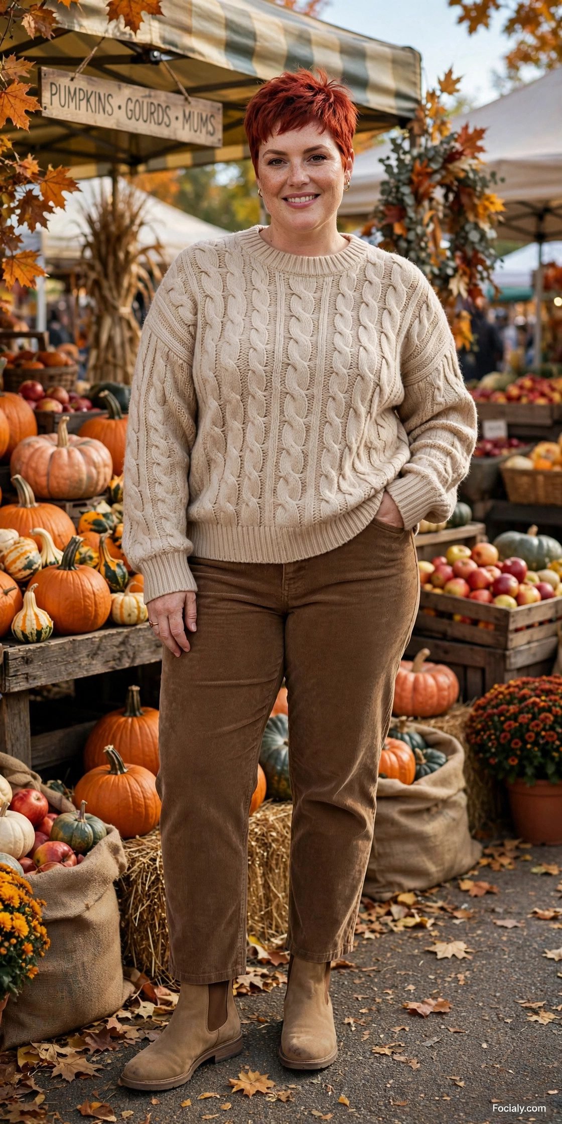 Plus size woman in a beige cable-knit sweater with brown corduroy pants and Chelsea boots