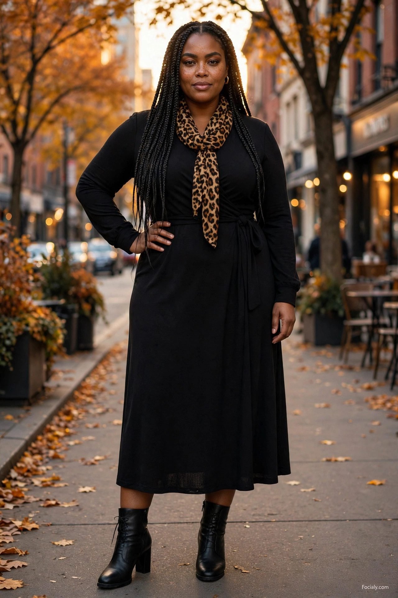 Plus size woman in a black wrap dress with a leopard print scarf and heeled boots