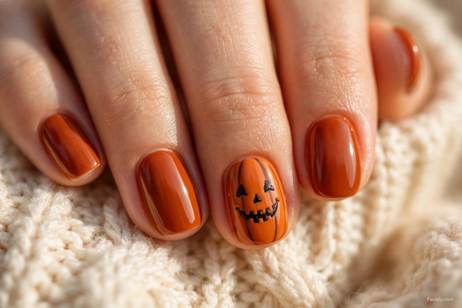 Glossy burnt-orange nails with a cute jack-o'-lantern face on the accent nail