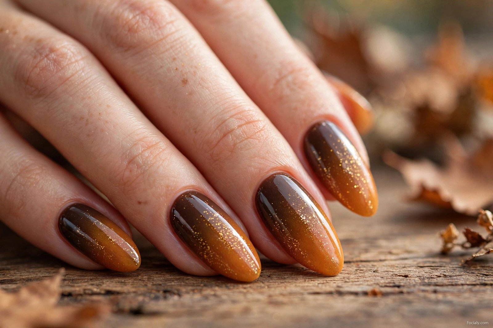 Pumpkin spice ombre nails fading from espresso brown to caramel orange with gold flecks