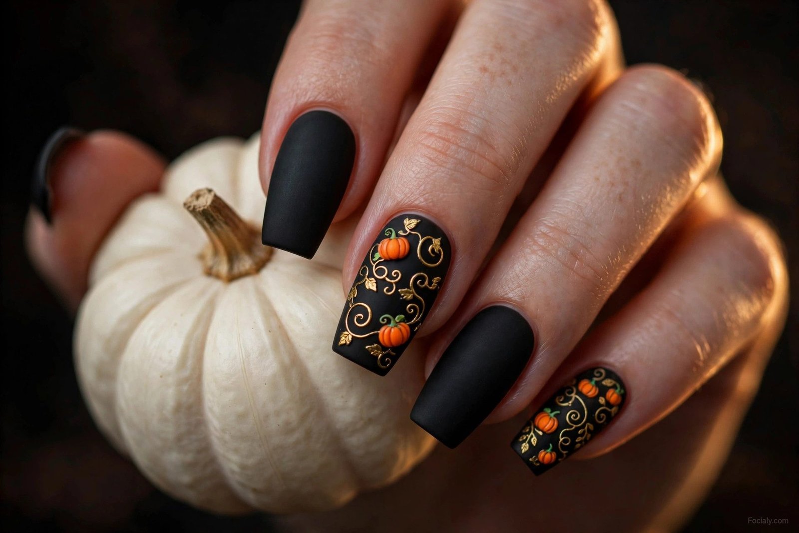 Matte black nails with tiny orange pumpkins and gold vines