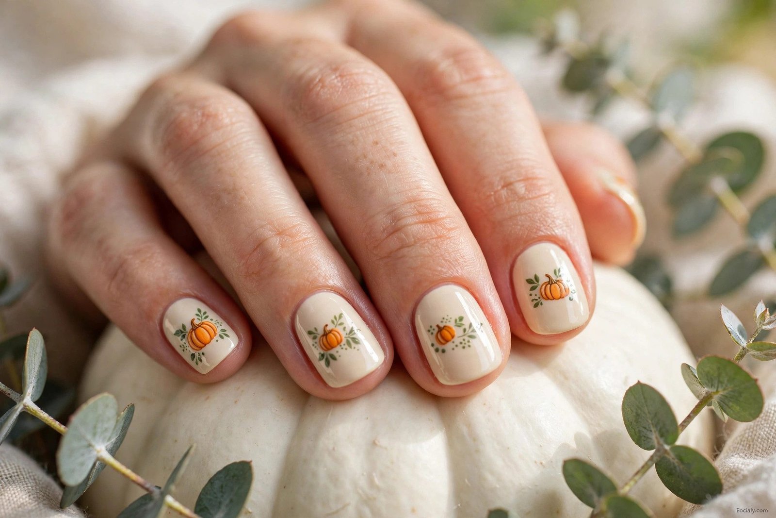 Creamy beige nails hand-painted with tiny orange pumpkins and green leaves