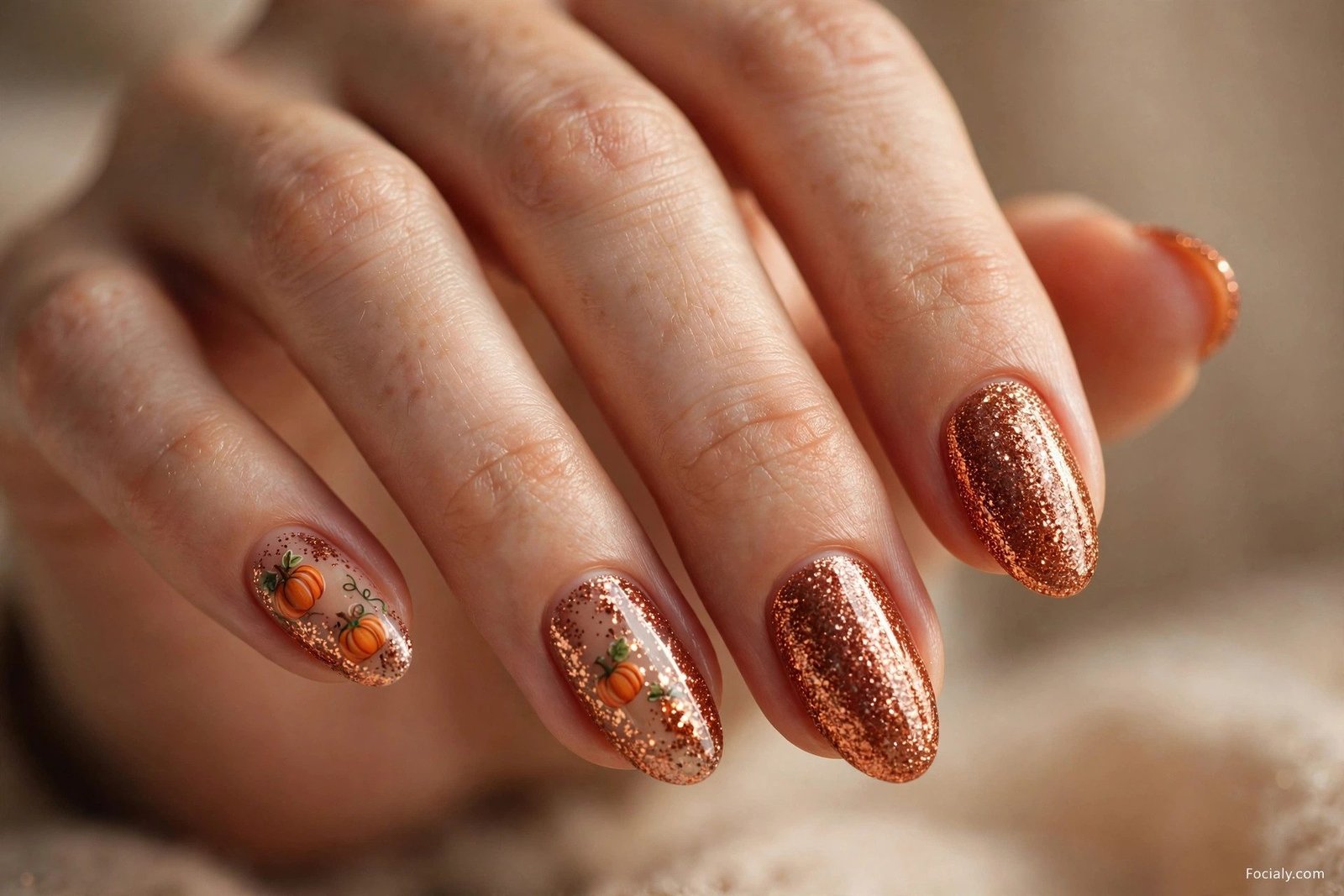 Metallic burnt-orange chrome nails with a black pumpkin silhouette accent