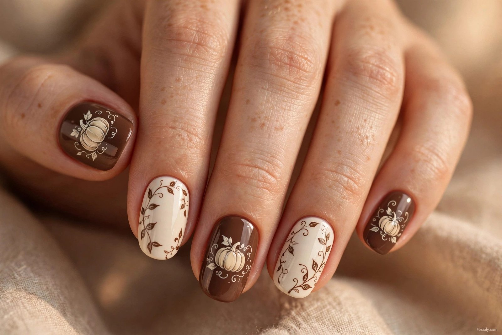 Deep plum nails with delicate gold line-art pumpkins