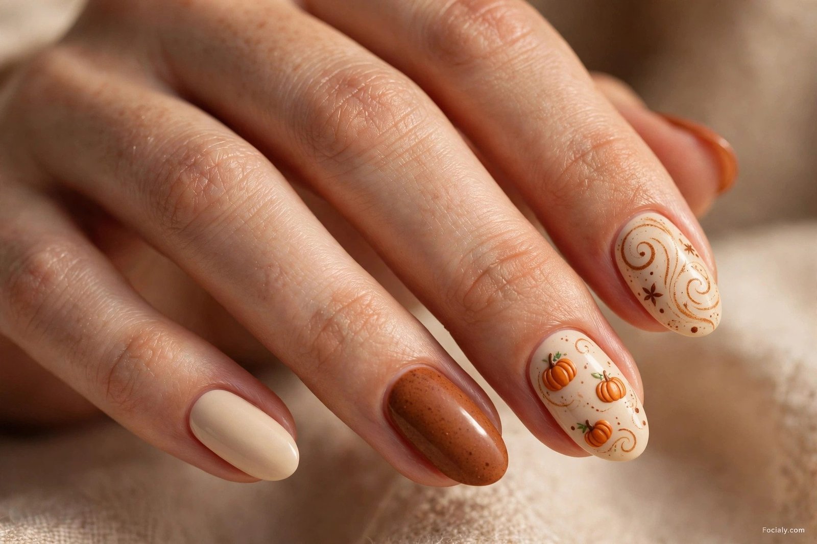 Beige nails with tiny orange pumpkins, cinnamon swirls, and a speckled cinnamon accent nail