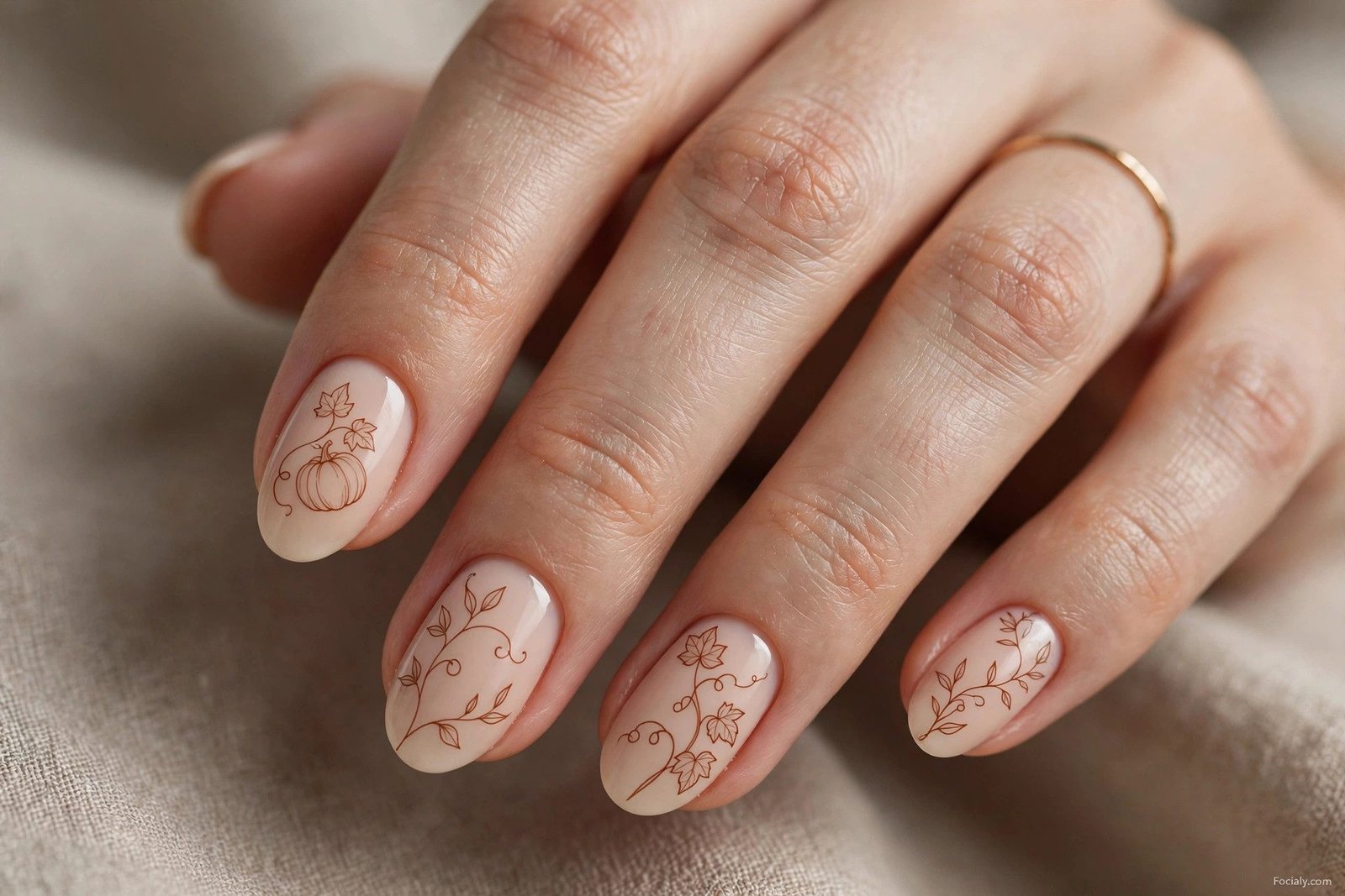 Glittery copper nails with warm pumpkin-toned shimmer