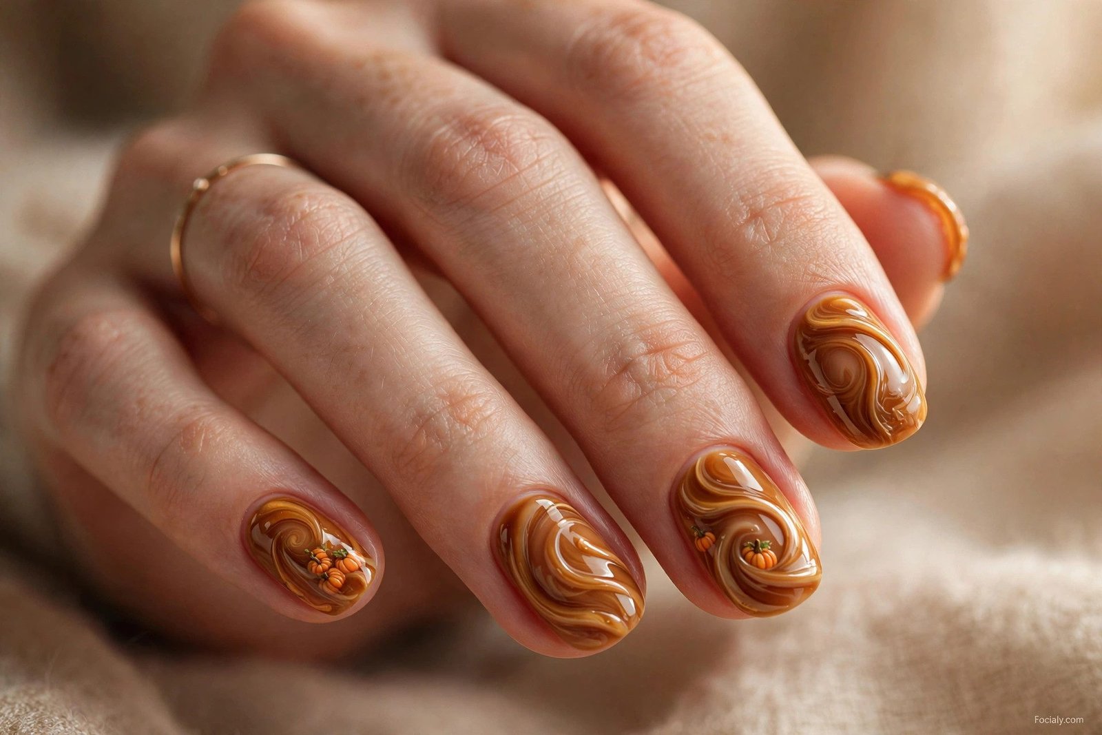 White French tip nails with mini orange pumpkins on the ring finger