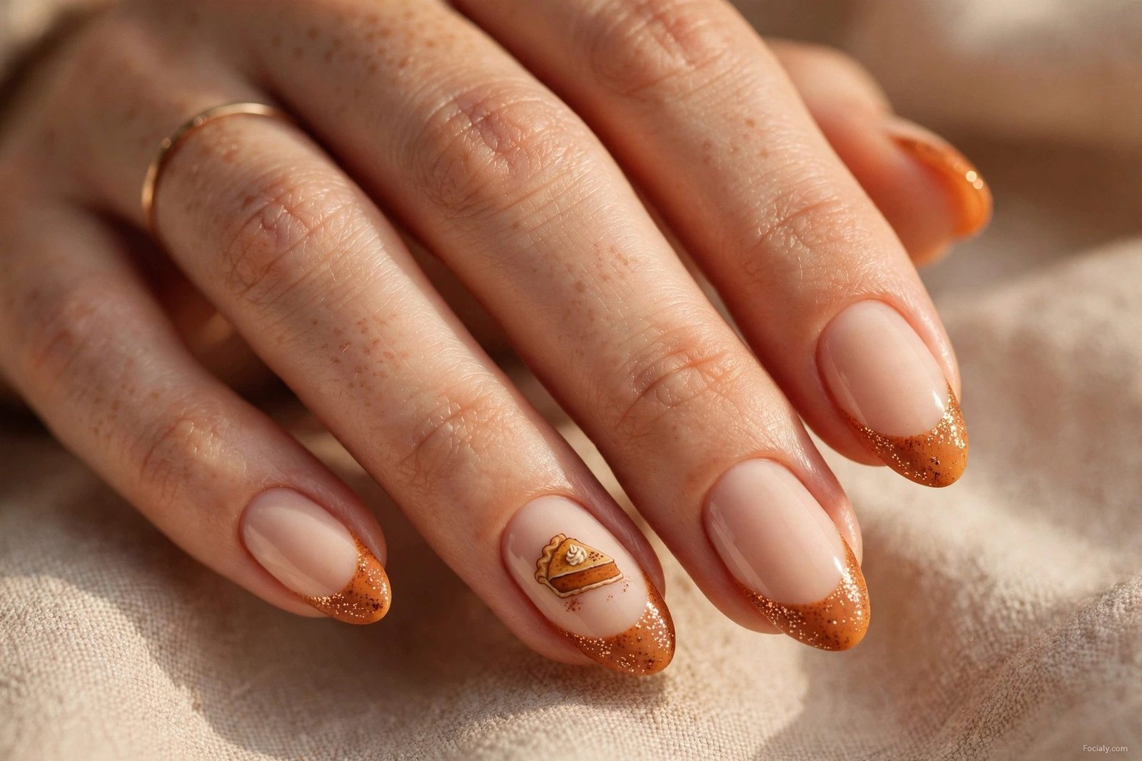 Chocolate brown nails with cream-colored pumpkin nail art