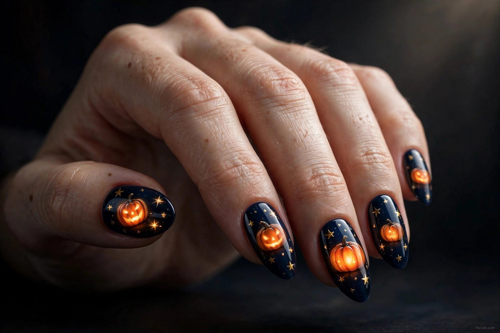 Sage green nails with orange pumpkin accents